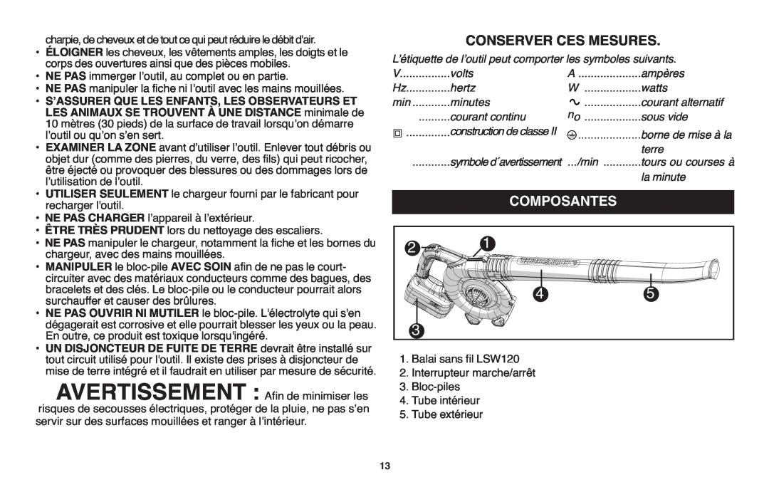 Black & Decker NSW18 instruction manual Conserver Ces Mesures, Composantes, Sʼassurer Que Les Enfants, Les Observateurset 