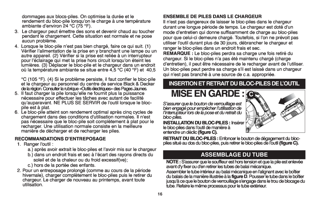 Black & Decker NSW18 instruction manual Mise Engarde, Insertionetretraitdubloc-Pilesdel’Outil, Note Assemblage Du Tube 