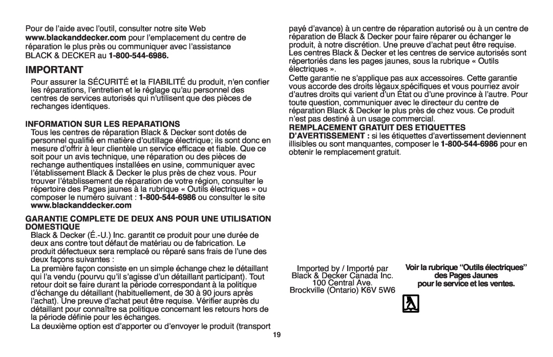 Black & Decker NSW18 Information Sur Les Reparations, Garantie Complete De Deux Ans Pour Une Utilisation Domestique 