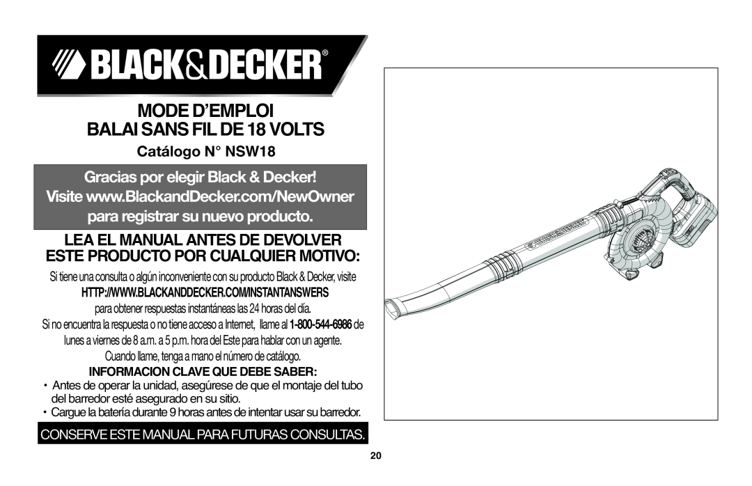 Black & Decker NSW18 Lea El Manual Antes De Devolver Esteproducto Porcualquiermotivo, MODEDʼEMPLOI BALAISANSFILDE18VOLTS 