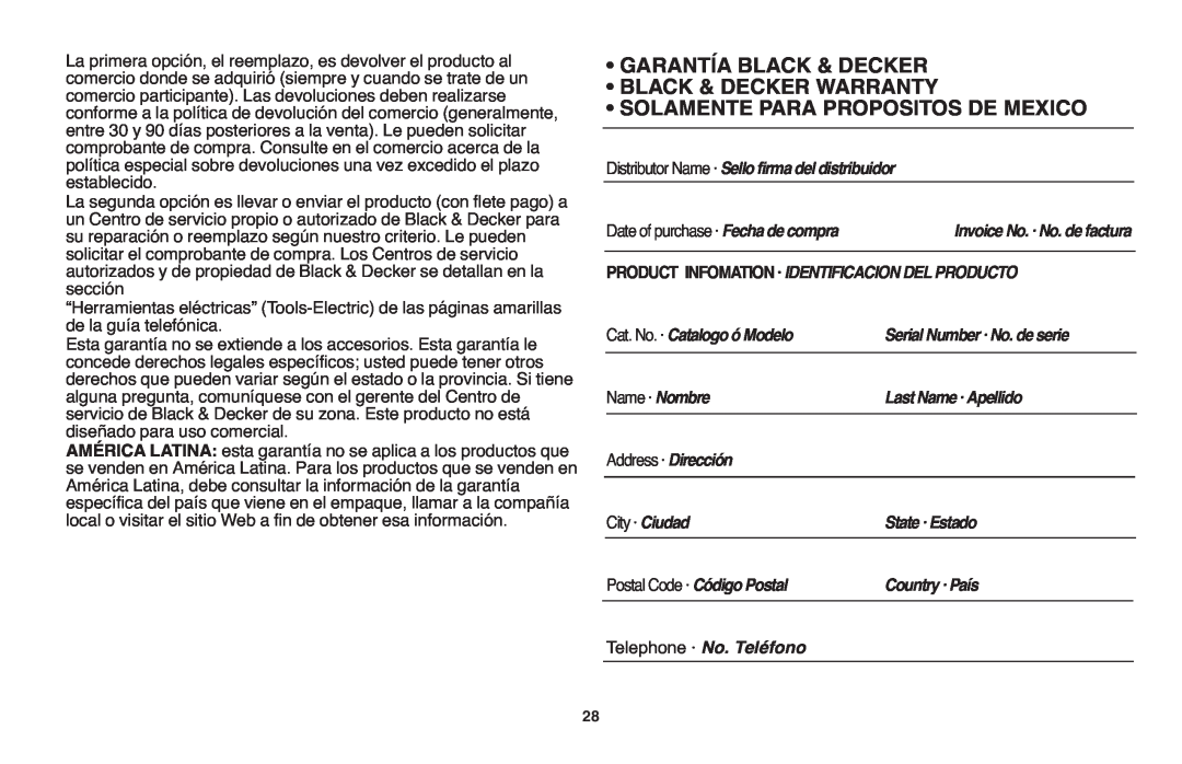 Black & Decker NSW18 Garantía Black & Decker Black & Decker Warranty, Solamente Para Propositos De Mexico, Name · Nombre 