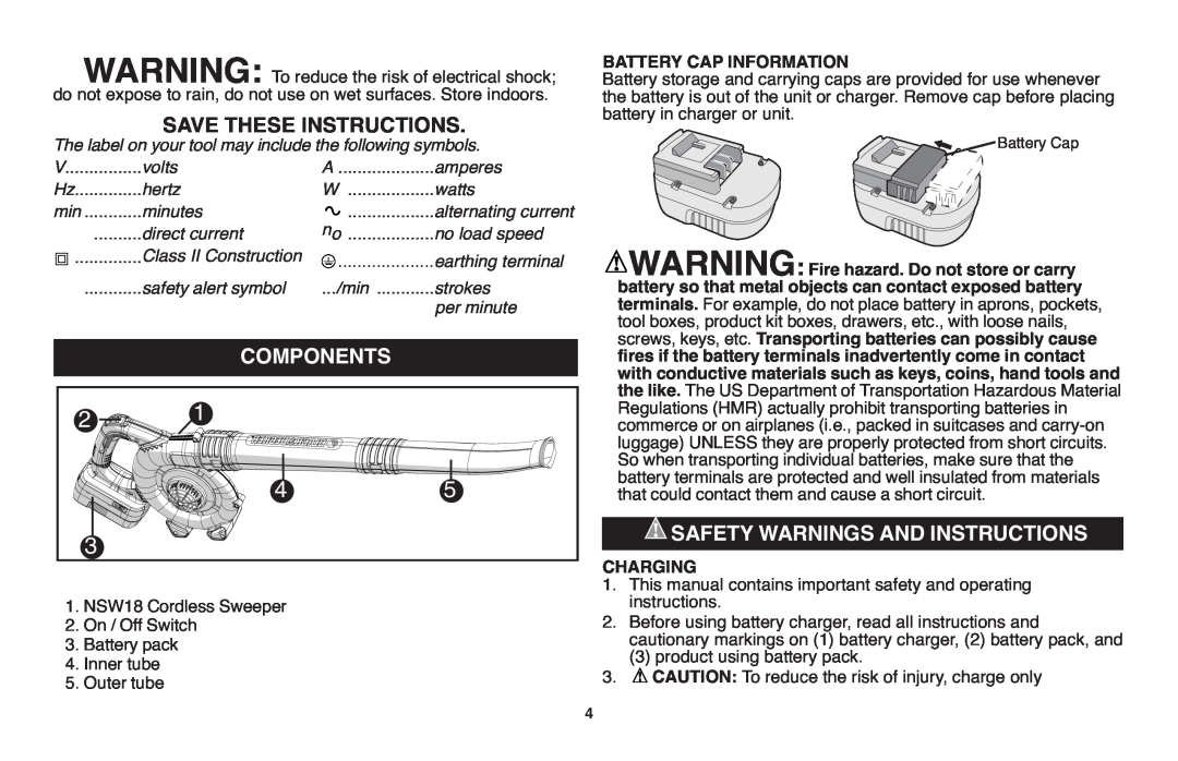 Black & Decker NSW18 instruction manual Save These Instructions, Components, Safety Warnings And Instructions Charging 