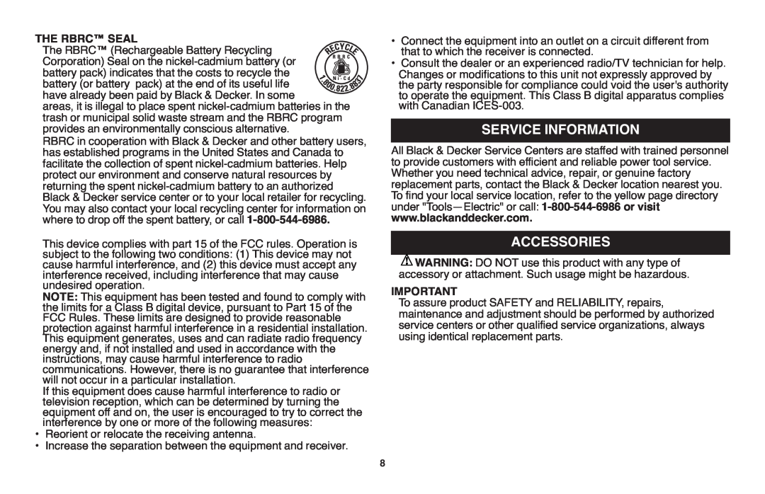 Black & Decker NSW18 instruction manual Service Information, Accessories, The Rbrc Seal 