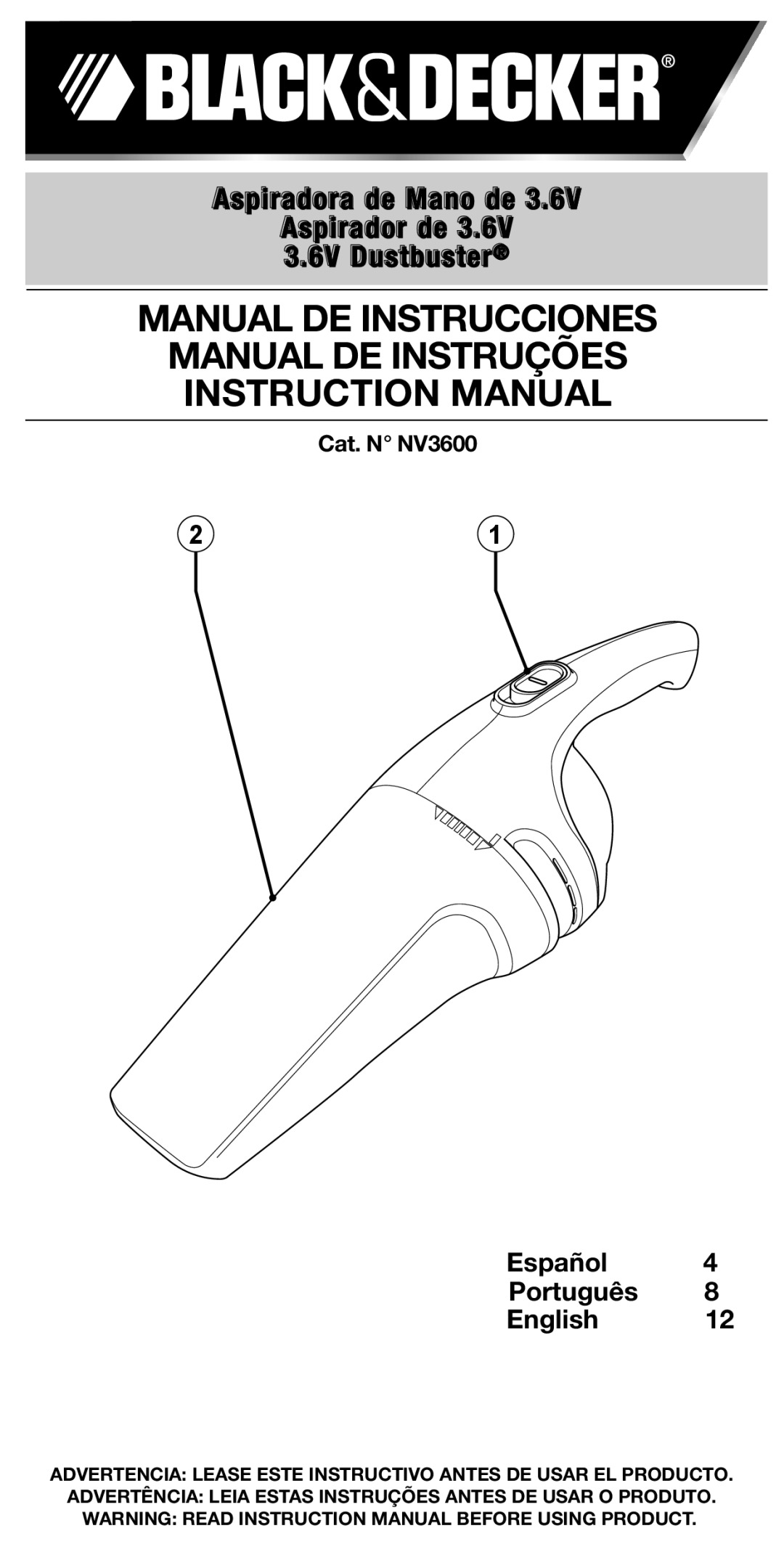 Black & Decker UA050020a, VA050025D, AA045020D, 90501843 instruction manual Español Português English, Cat. N NV3600 