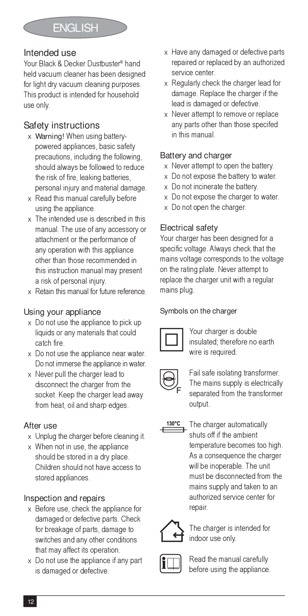 Black & Decker NV3600, UA050020a, VA050025D, AA045020D, 90501843, 90529140 instruction manual Intended use, Safety instructions 