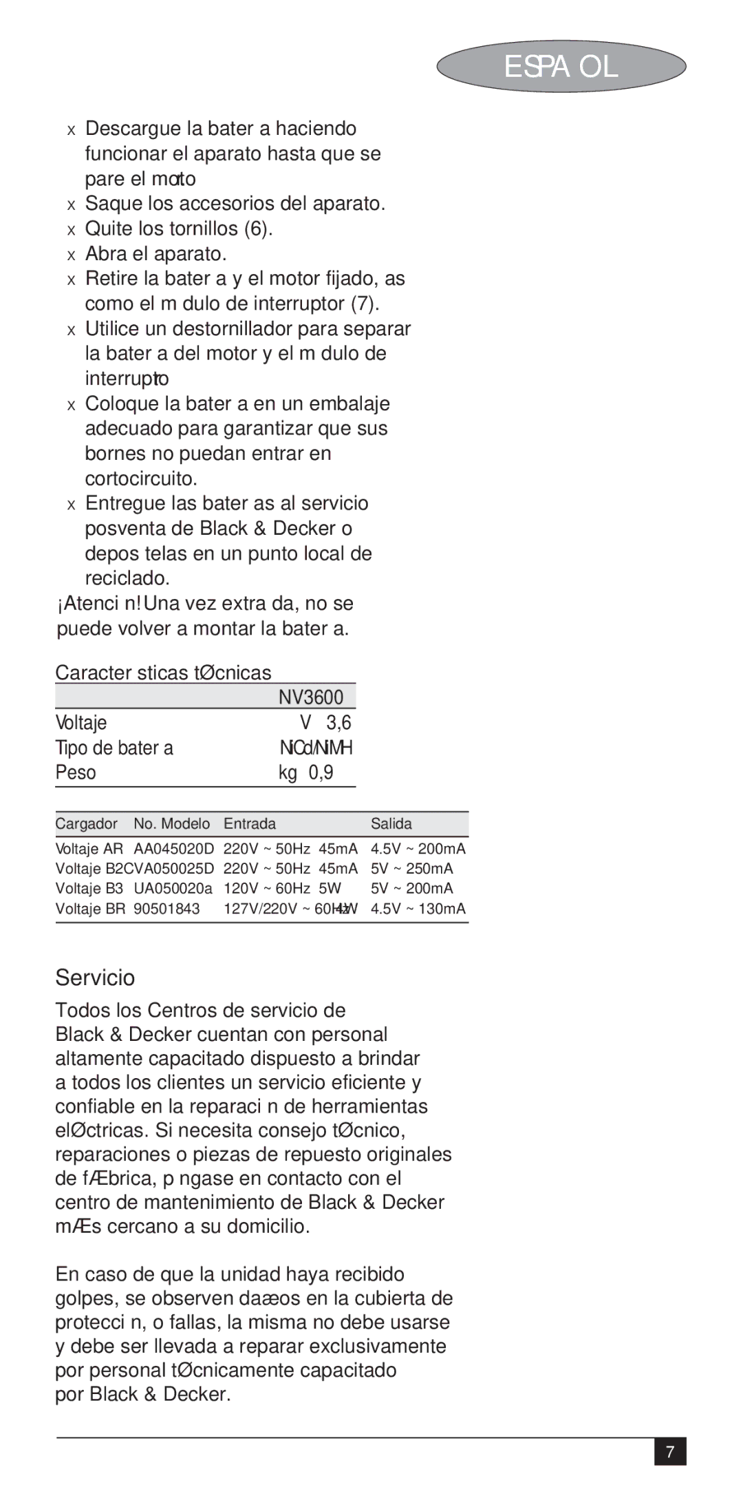 Black & Decker UA050020a Servicio, Características técnicas NV3600, Voltaje Tipo de batería, Peso, Por Black & Decker 