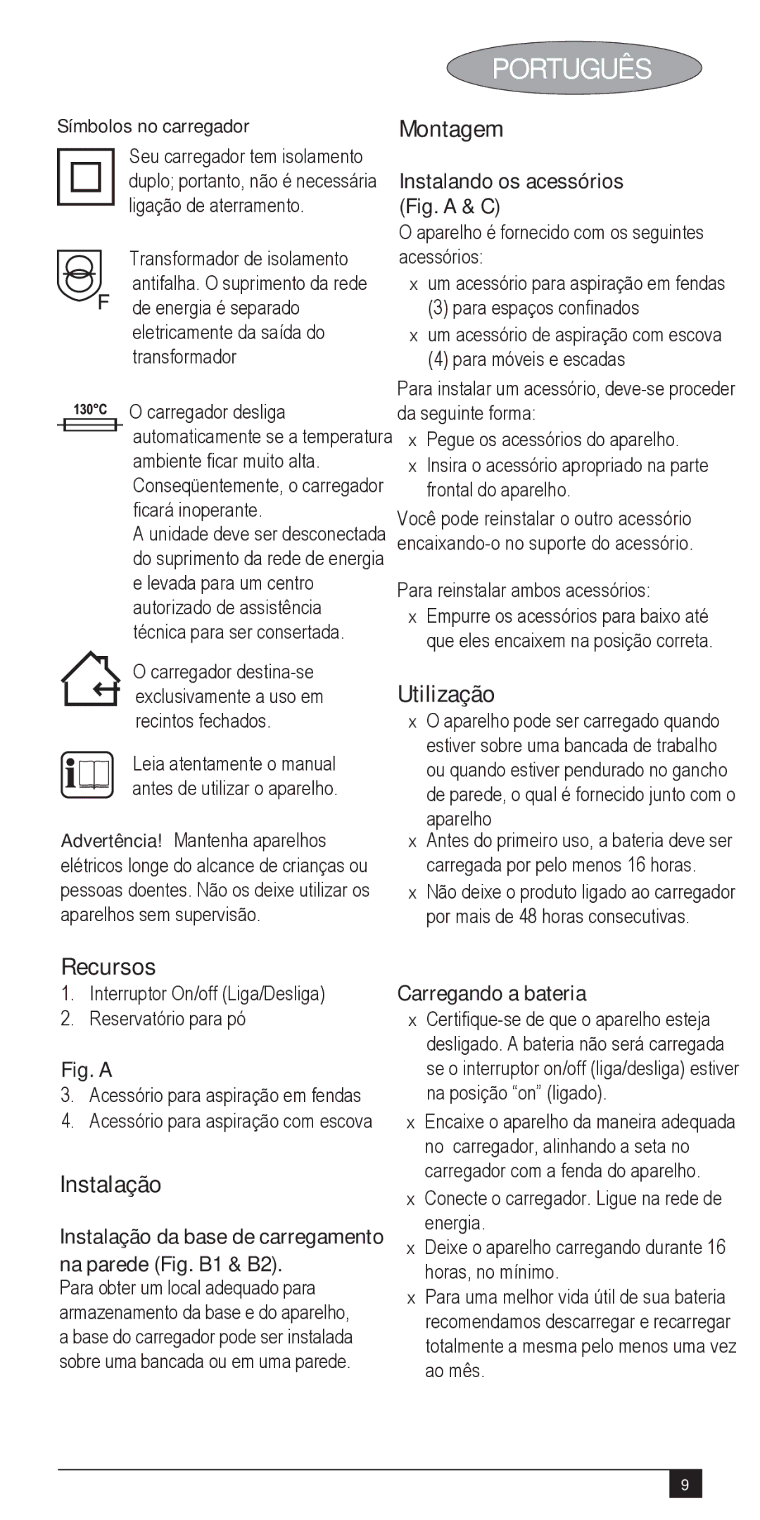 Black & Decker AA045020D, NV3600, UA050020a, VA050025D, 90501843, 90529140 Montagem, Utilização, Recursos, Instalação 