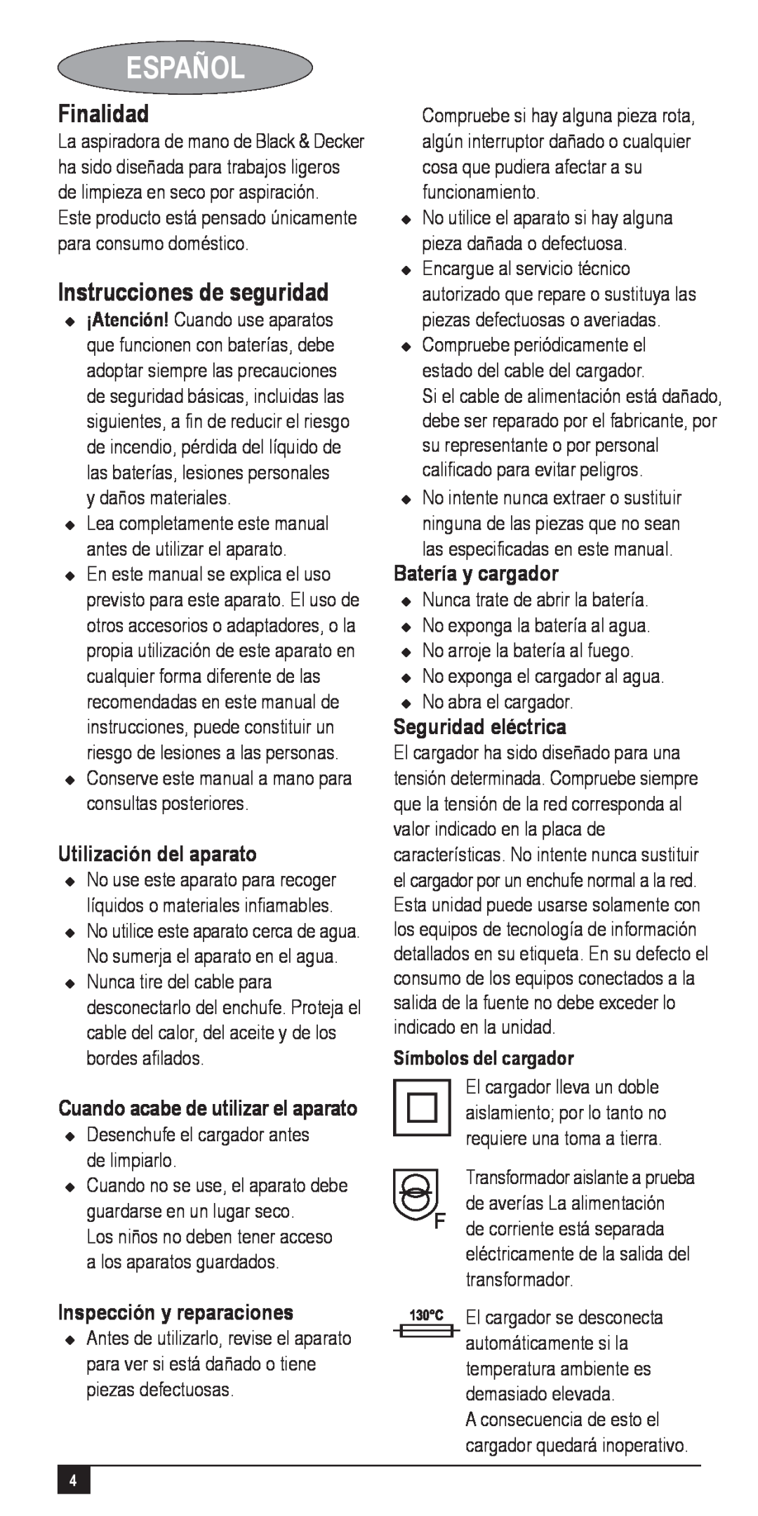 Black & Decker 90501843 Español, Finalidad, Instrucciones de seguridad, Utilización del aparato, Inspección y reparaciones 