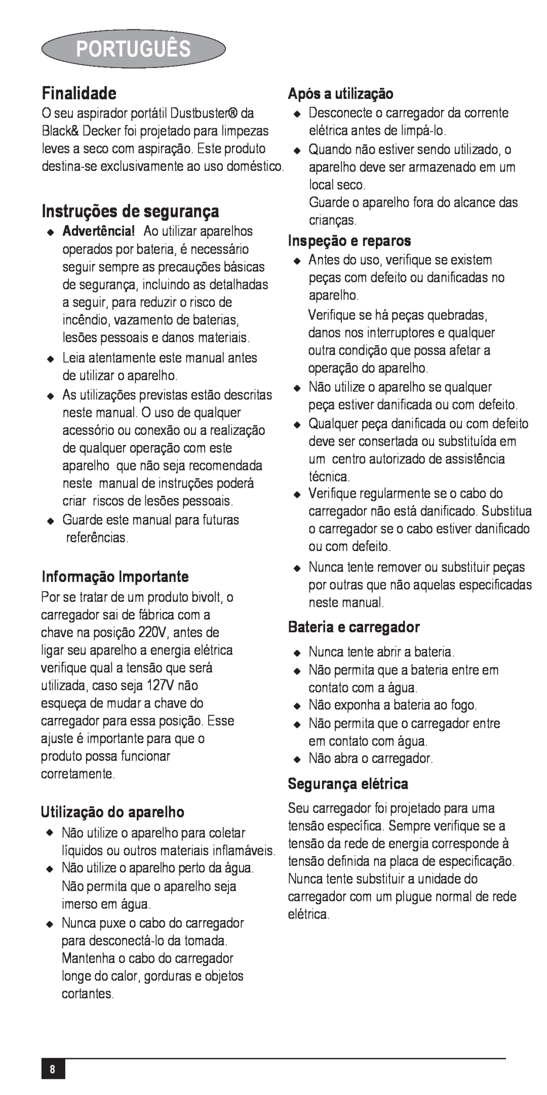 Black & Decker VA050025D Português, Finalidade, Instruções de segurança, Informação Importante, Utilização do aparelho 
