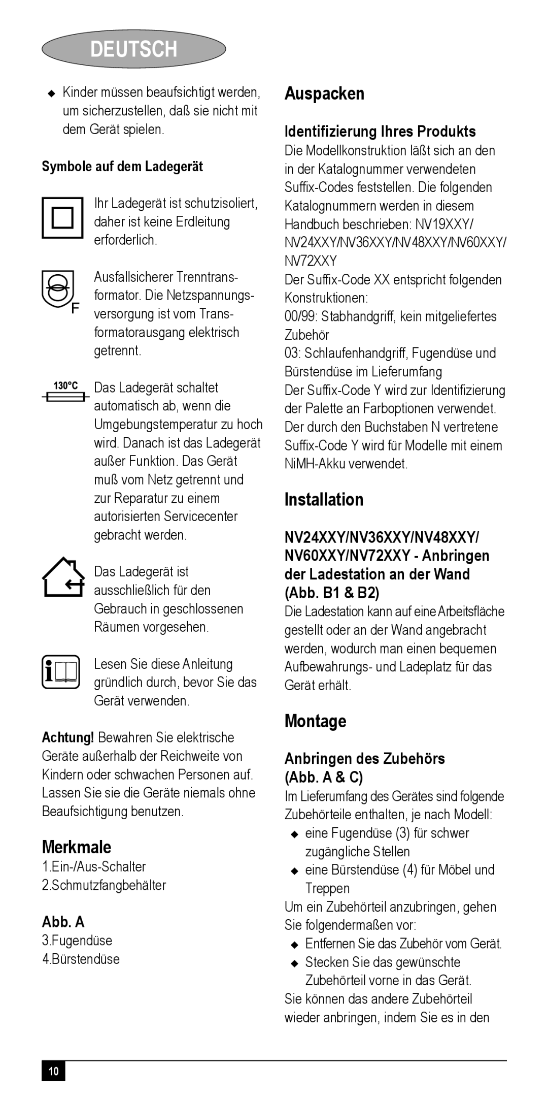 Black & Decker NV72XXY, NV48XXY, NV24XXY, NV36XXY, NV60XXY manual Merkmale, Auspacken, Montage 