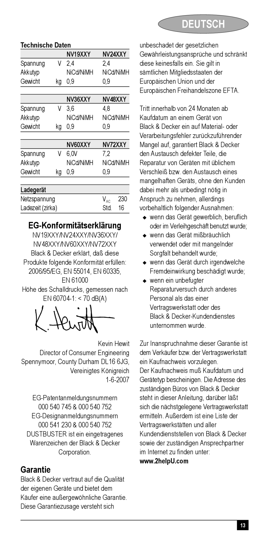 Black & Decker NV36XXY, NV72XXY, NV48XXY, NV24XXY, NV60XXY EG-Konformitätserklärung, Garantie, Technische Daten, Ladegerät 