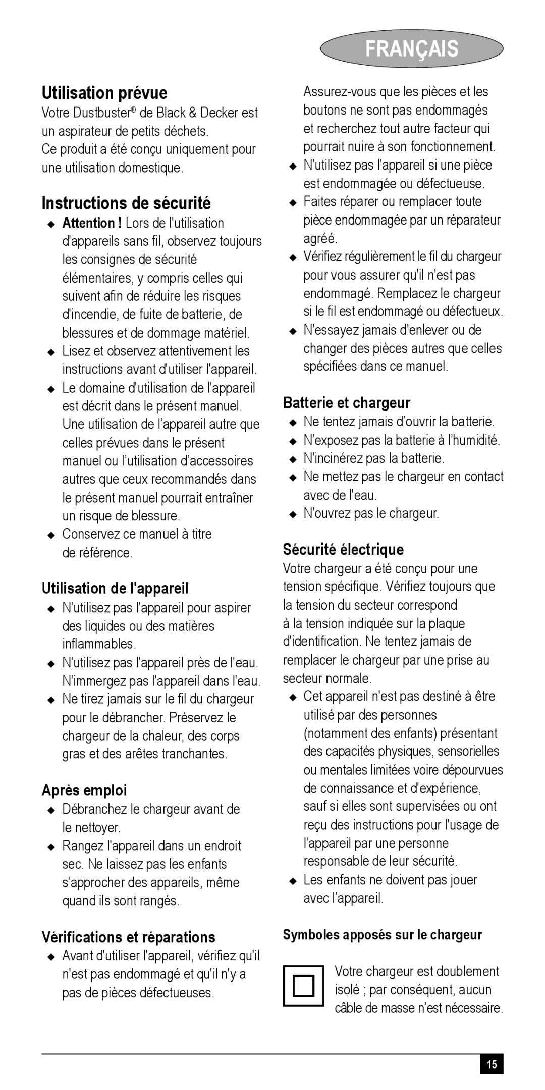 Black & Decker NV72XXY, NV48XXY, NV24XXY, NV36XXY, NV60XXY manual Français, Utilisation prévue, Instructions de sécurité 