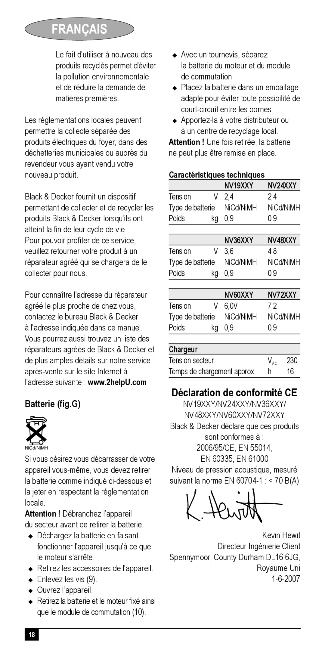 Black & Decker NV36XXY, NV72XXY, NV48XXY, NV24XXY, NV60XXY manual Déclaration de conformité CE, Batterie ﬁg.G, Chargeur 