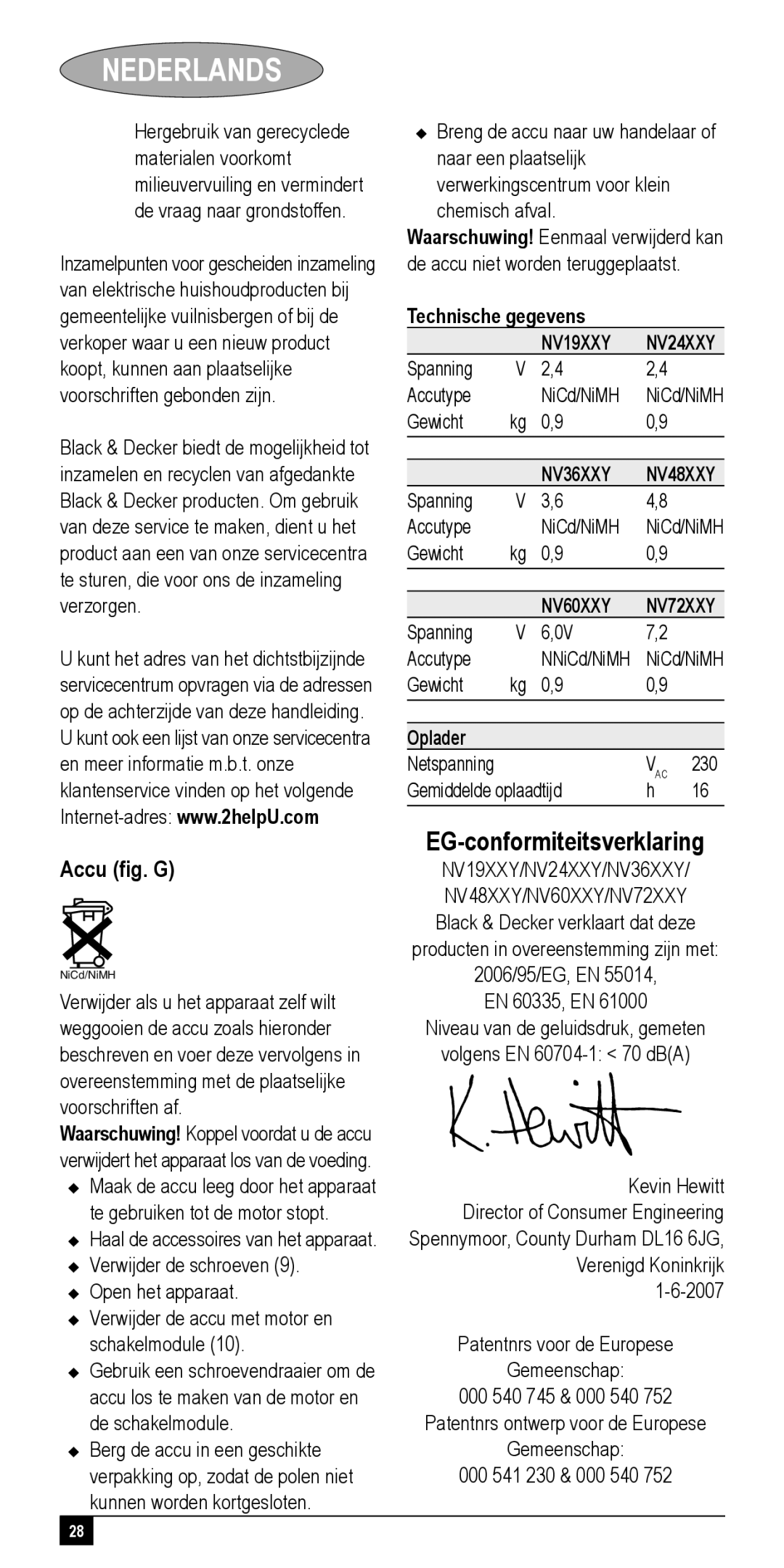 Black & Decker NV36XXY, NV72XXY, NV48XXY, NV24XXY manual EG-conformiteitsverklaring, Accu ﬁg. G, Technische gegevens, Oplader 