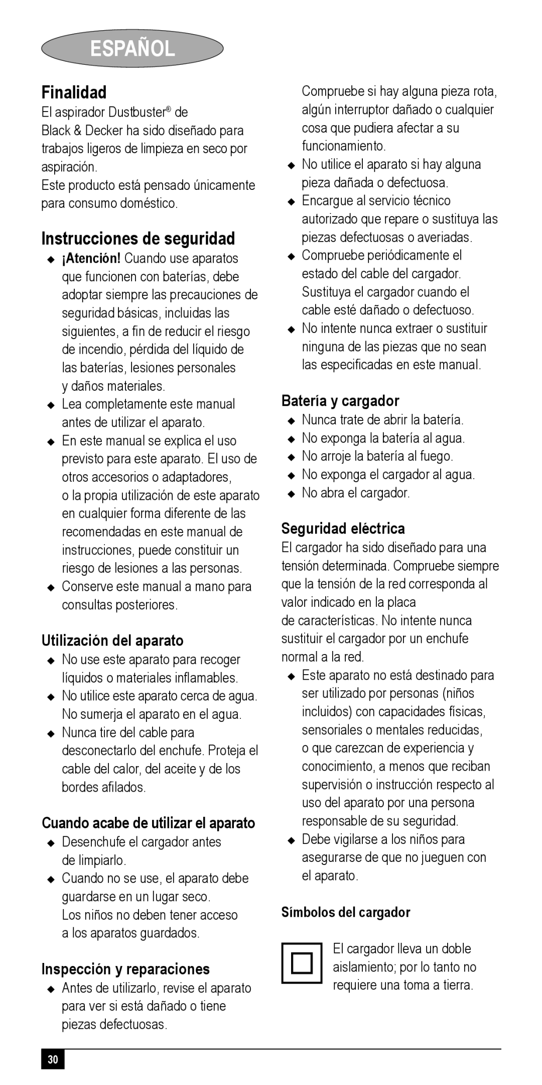 Black & Decker NV72XXY, NV48XXY, NV24XXY, NV36XXY, NV60XXY manual Español, Finalidad, Instrucciones de seguridad 