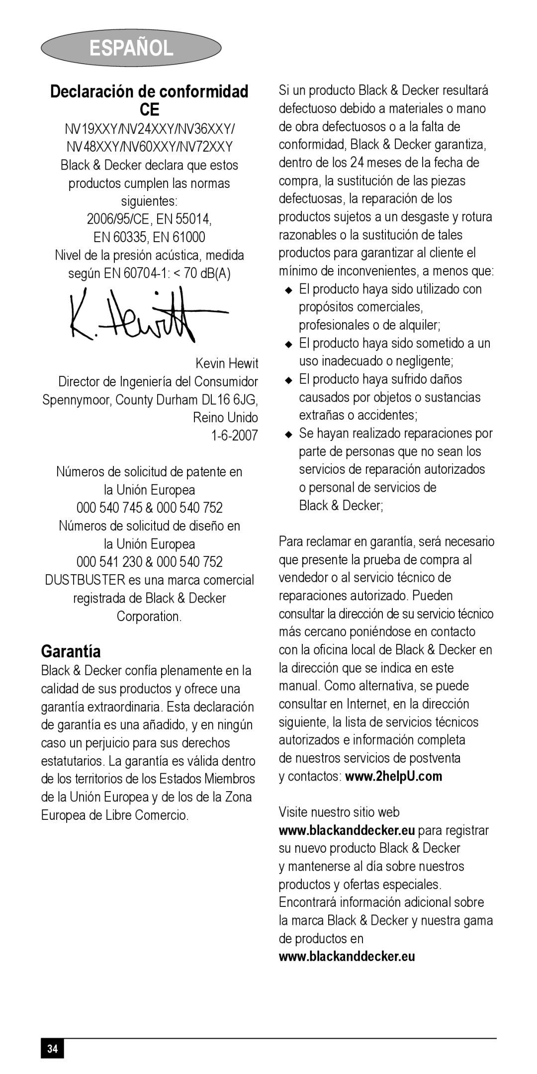 Black & Decker NV60XXY, NV72XXY, NV48XXY, NV24XXY, NV36XXY manual Declaración de conformidad, Garantía 