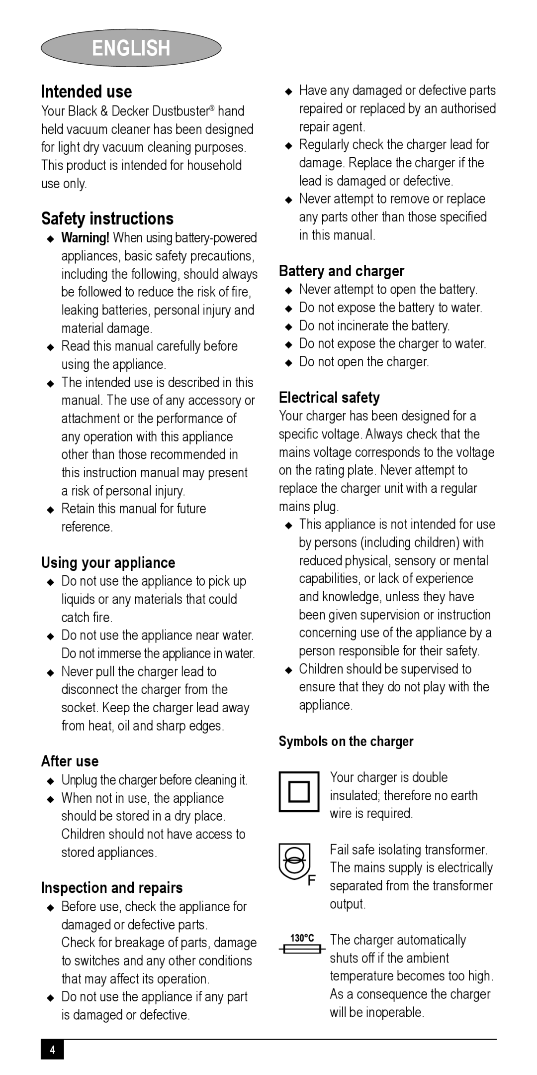 Black & Decker NV60XXY, NV72XXY, NV48XXY, NV24XXY, NV36XXY manual English, Intended use, Safety instructions 