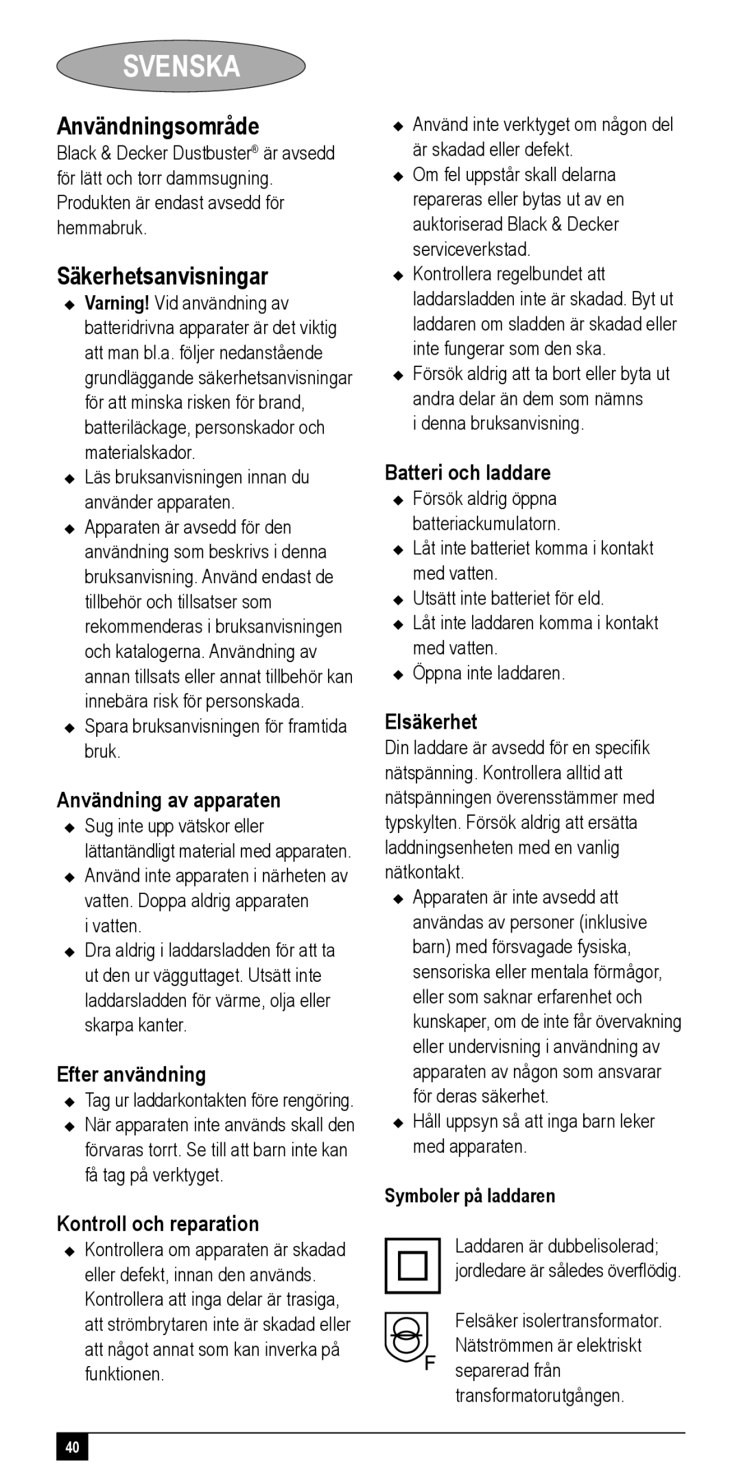 Black & Decker NV72XXY, NV48XXY, NV24XXY, NV36XXY, NV60XXY manual Svenska, Användningsområde, Säkerhetsanvisningar 