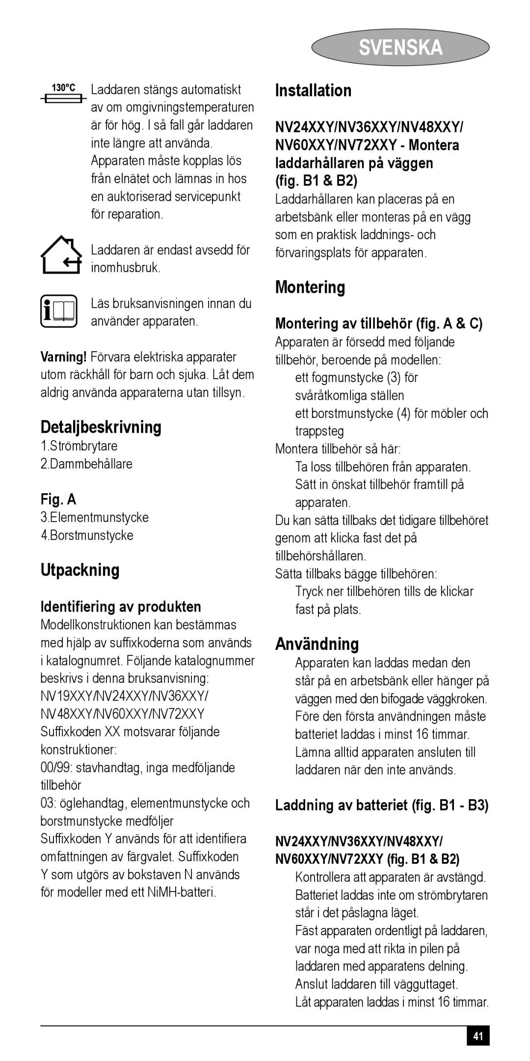 Black & Decker NV48XXY, NV72XXY, NV24XXY, NV36XXY, NV60XXY manual Detaljbeskrivning, Utpackning, Montering, Användning 