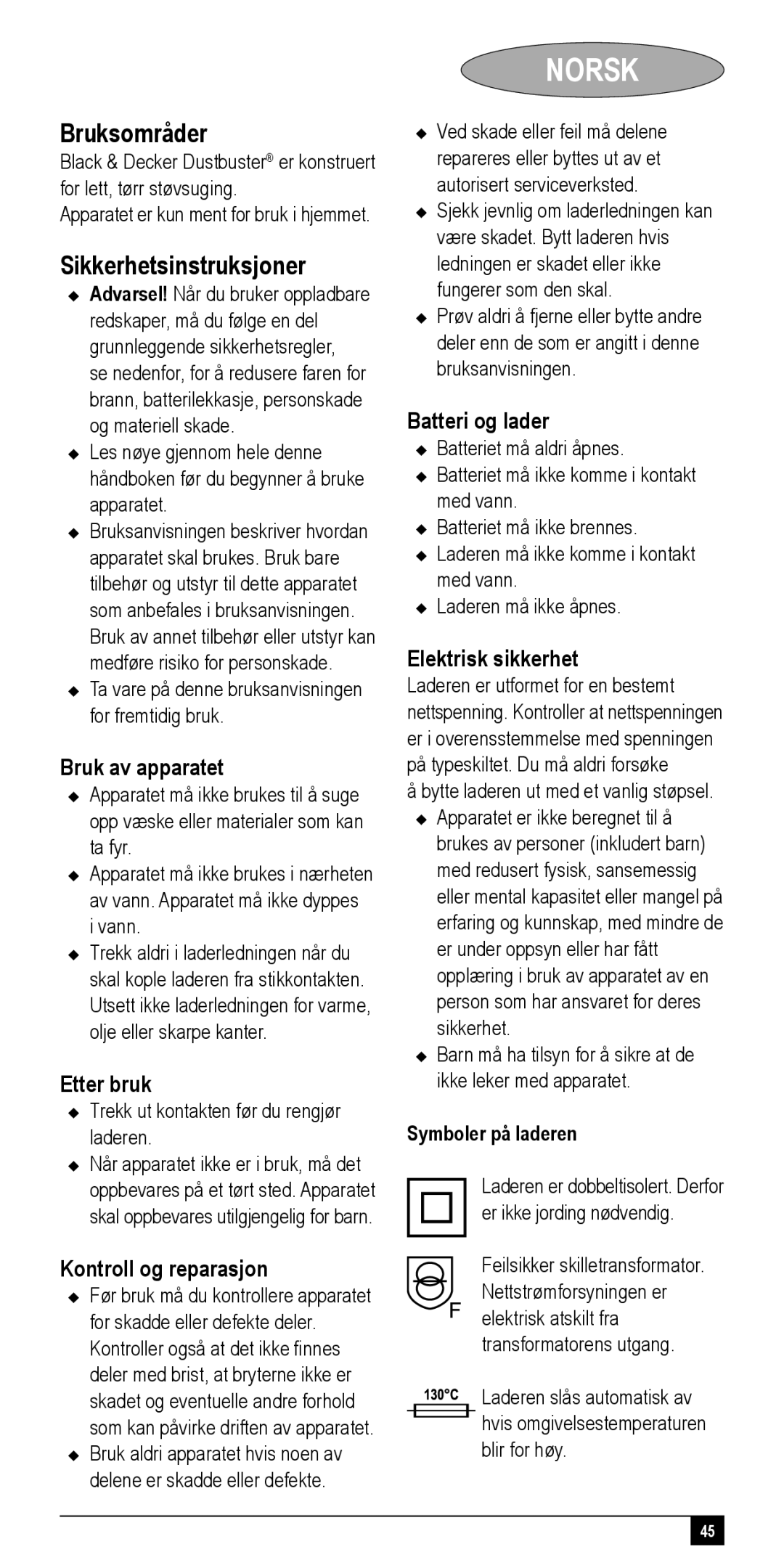 Black & Decker NV72XXY, NV48XXY, NV24XXY, NV36XXY, NV60XXY manual Norsk, Bruksområder, Sikkerhetsinstruksjoner 