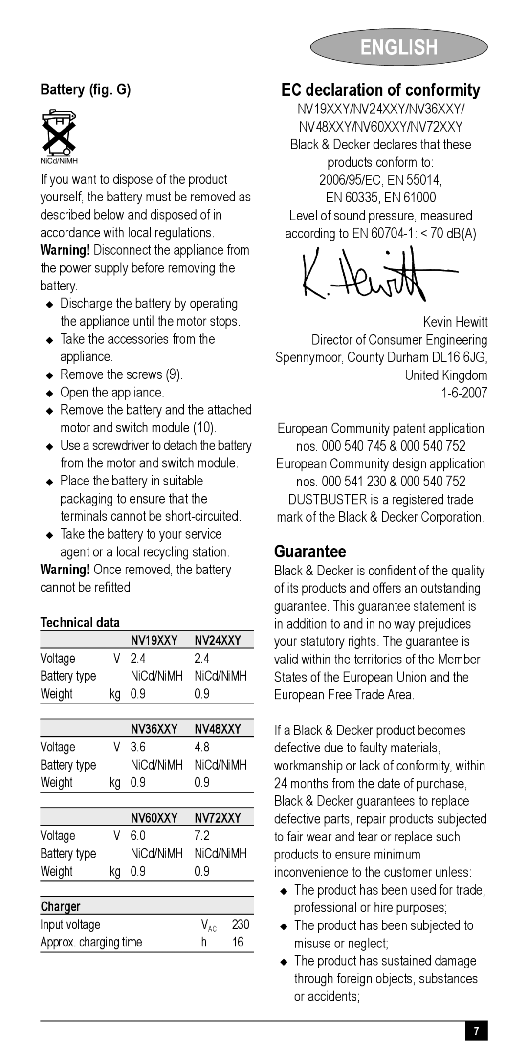 Black & Decker NV24XXY, NV72XXY, NV48XXY EC declaration of conformity, Guarantee, Battery ﬁg. G, Technical data, Charger 