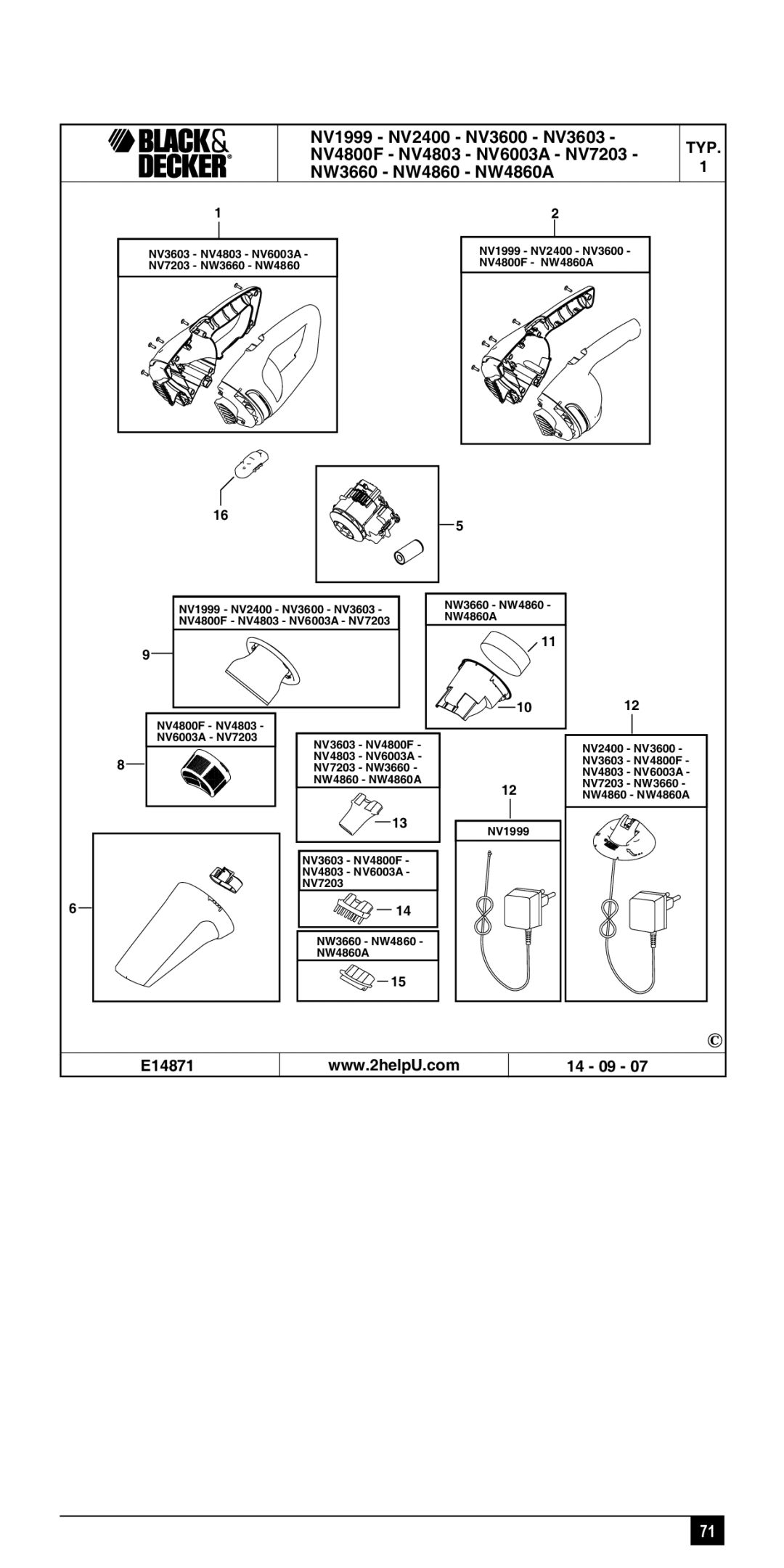 Black & Decker NV48XXY, NV72XXY, NV24XXY, NV36XXY, NV60XXY manual NV1999 NV2400 NV3600 NV3603 