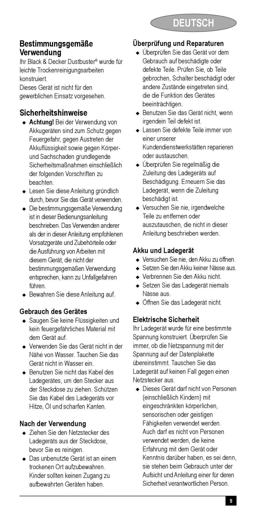 Black & Decker NV60XXY, NV72XXY, NV48XXY, NV24XXY, NV36XXY manual Deutsch, Bestimmungsgemäße Verwendung, Sicherheitshinweise 