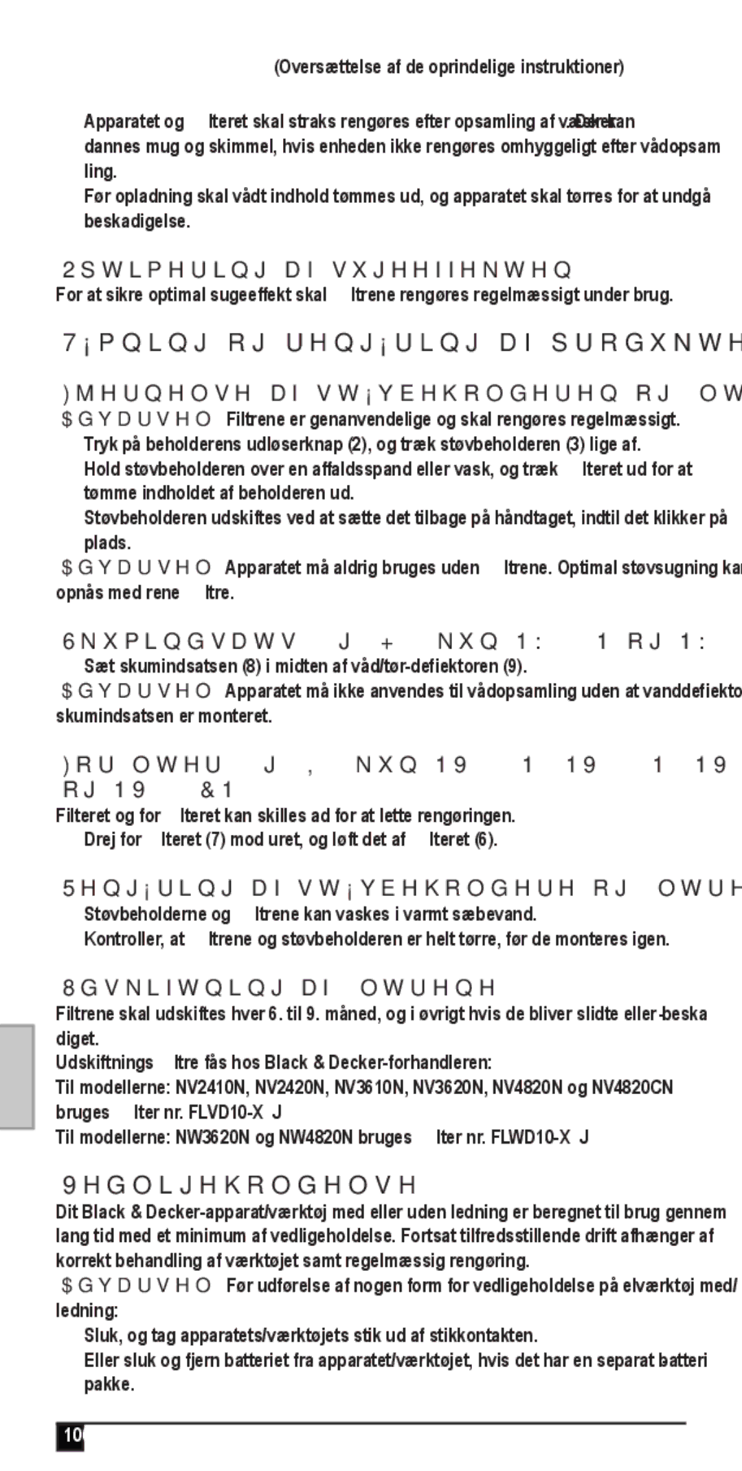 Black & Decker NV3610N, NW4820N, NV2420N, NV4820CN, NW3620N, NV3620N manual Tømning og rengøring af produktet, Vedligeholdelse 