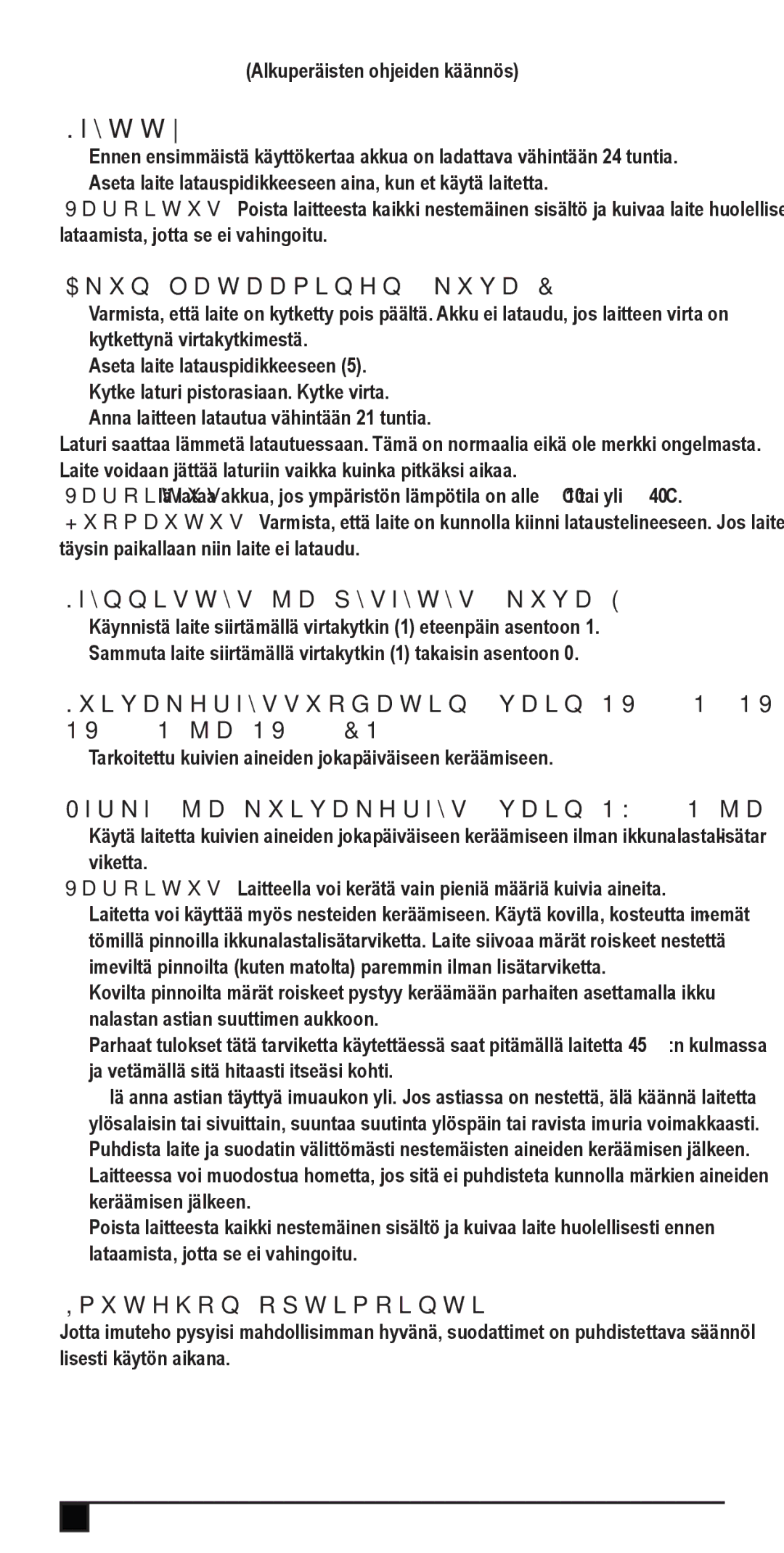 Black & Decker NW3620N, NW4820N, NV2420N Käyttö, Akun lataaminen kuva C, Käynnistys ja pysäytys kuva E, Imutehon optimointi 