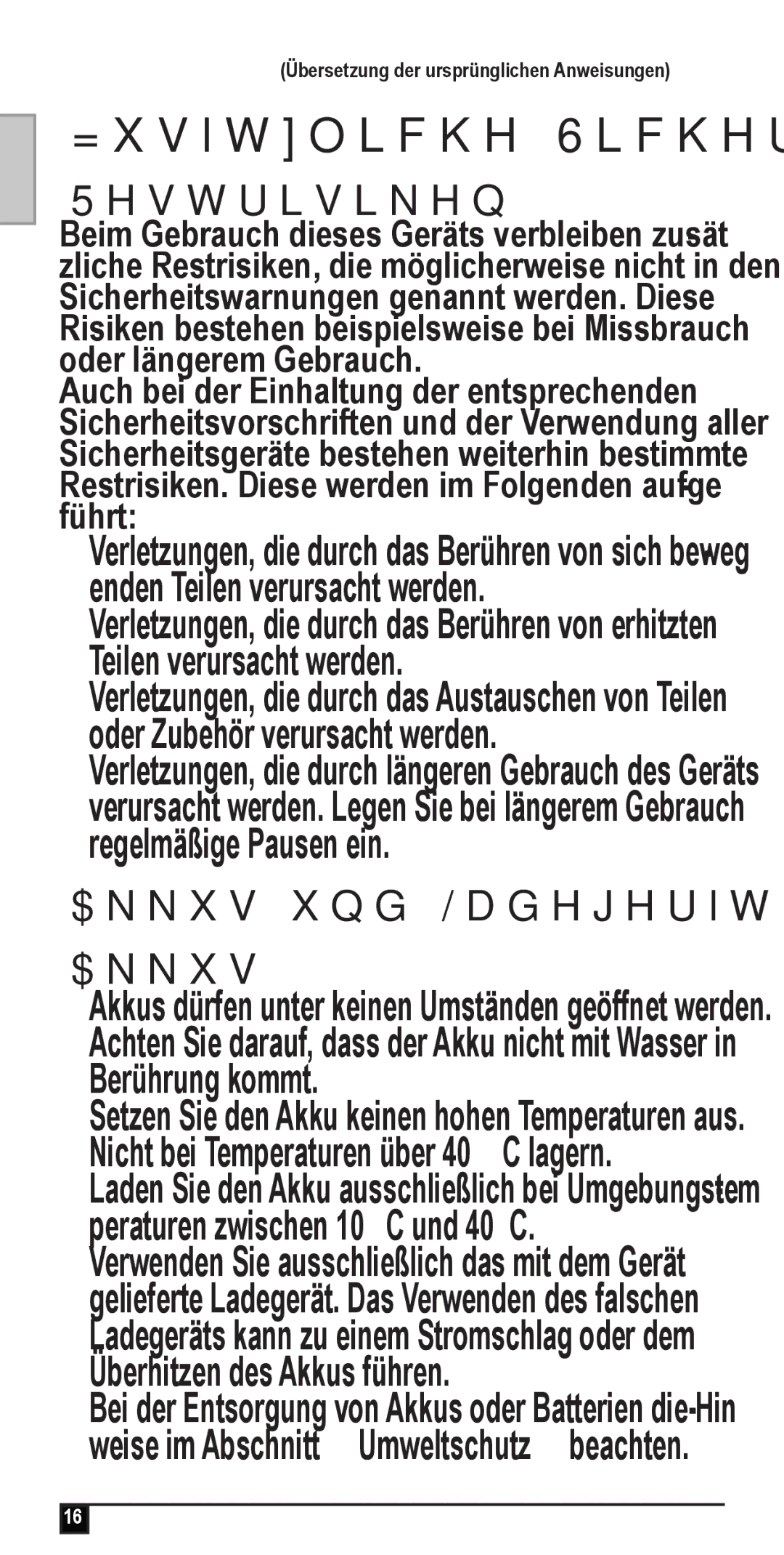 Black & Decker NV3610N, NW4820N manual Zusätzliche Sicherheitshinweise, Restrisiken, Akkus und Ladegeräte, Berührung kommt 