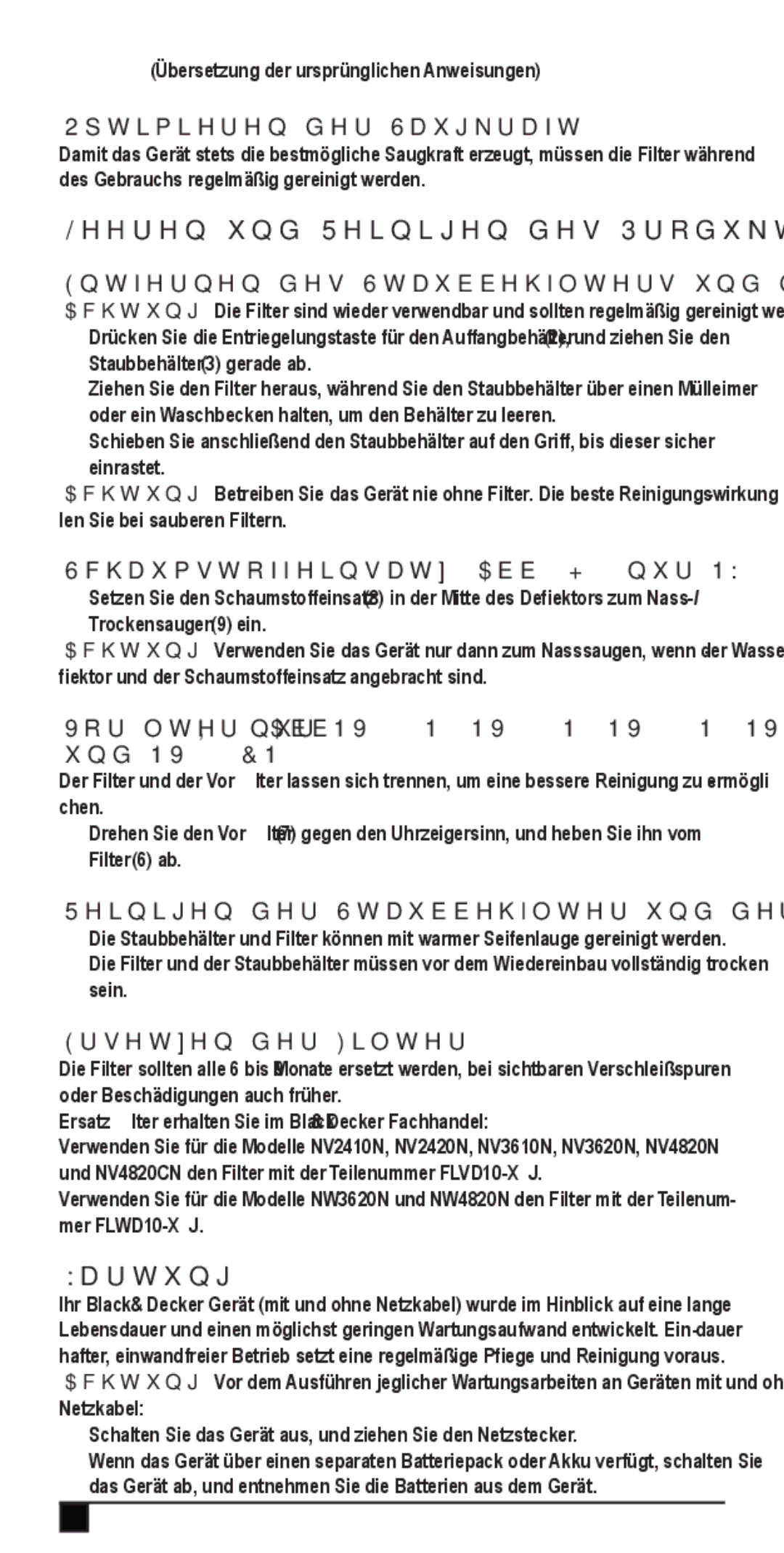 Black & Decker NW4820N, NV2420N, NV3610N, NV4820CN, NW3620N, NV3620N, NV4820N manual Leeren und Reinigen des Produkts, Wartung 