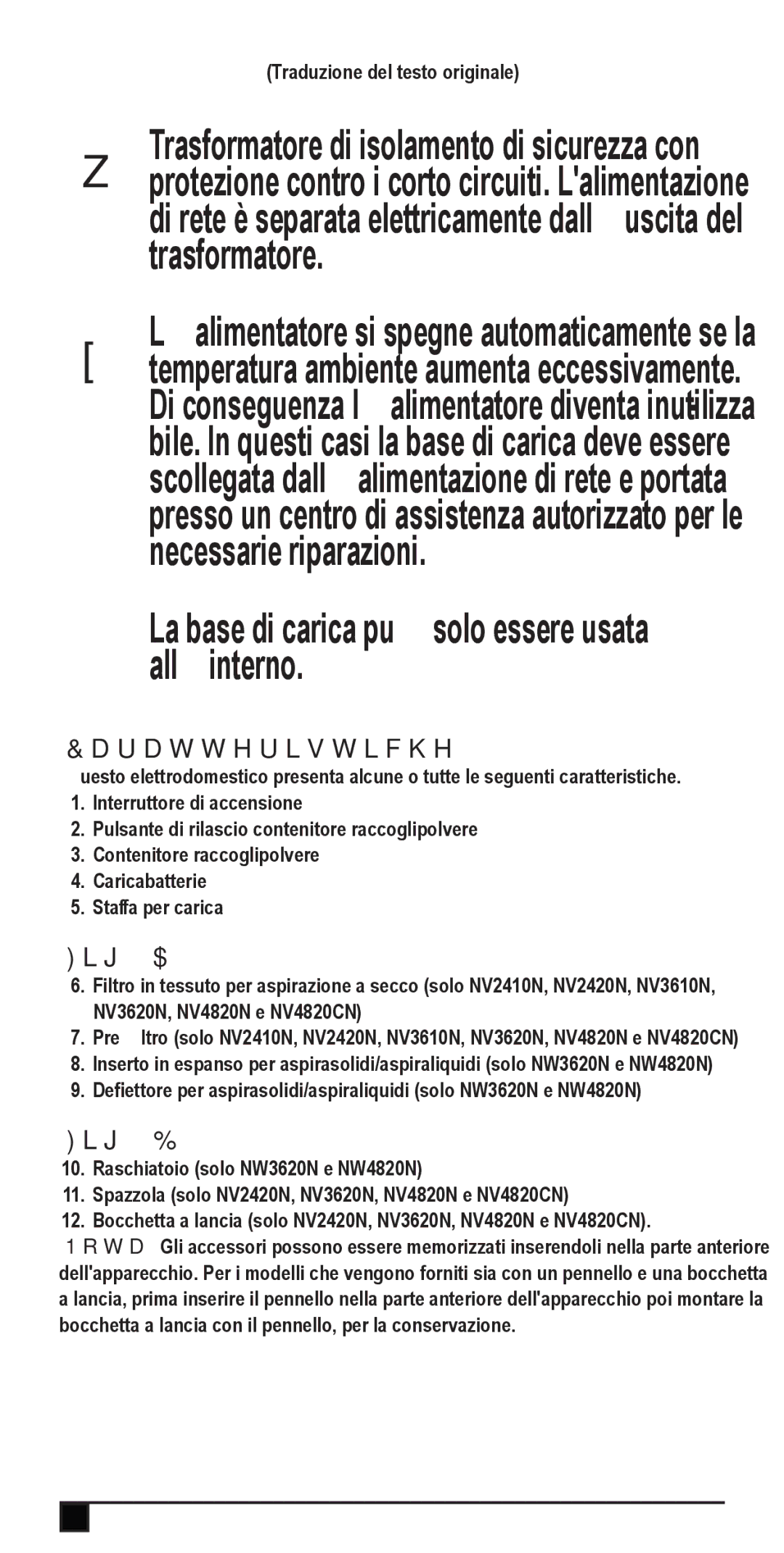 Black & Decker NW3620N, NW4820N, NV2420N, NV3610N $ La base di carica può solo essere usata all’interno, Caratteristiche 