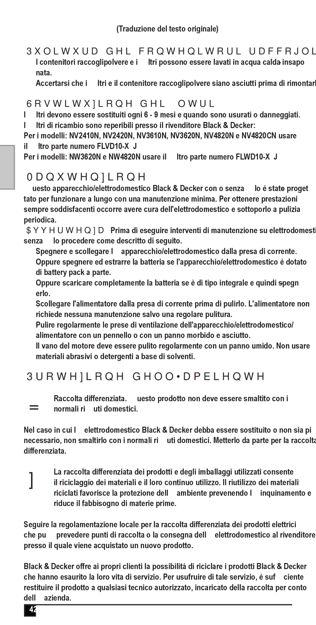 Black & Decker NW4820N manual Manutenzione, Pulitura dei contenitori raccoglipolvere e dei filtri, Sostituzione dei filtri 