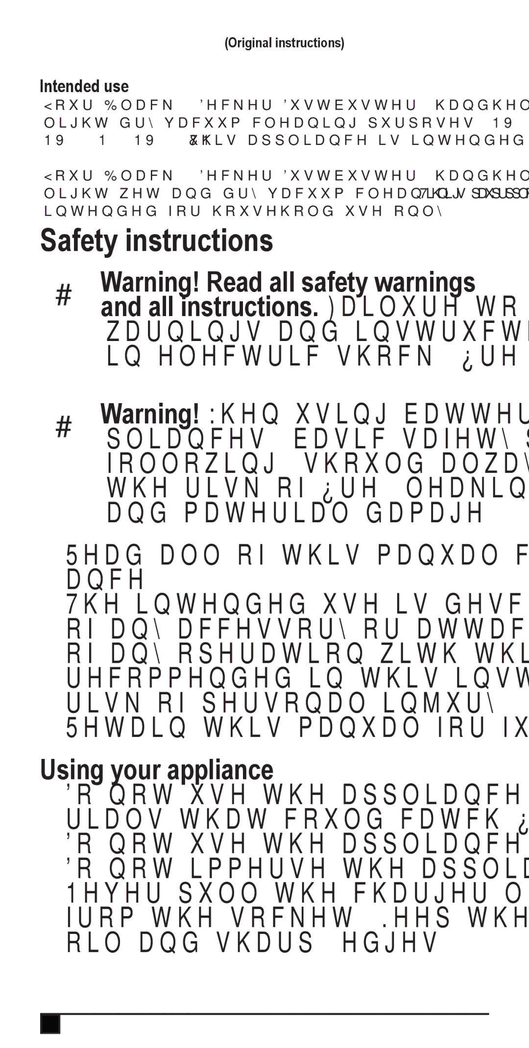 Black & Decker NV3620N, NW4820N, NV2420N Safety instructions, Using your appliance, Intended use, Original instructions 