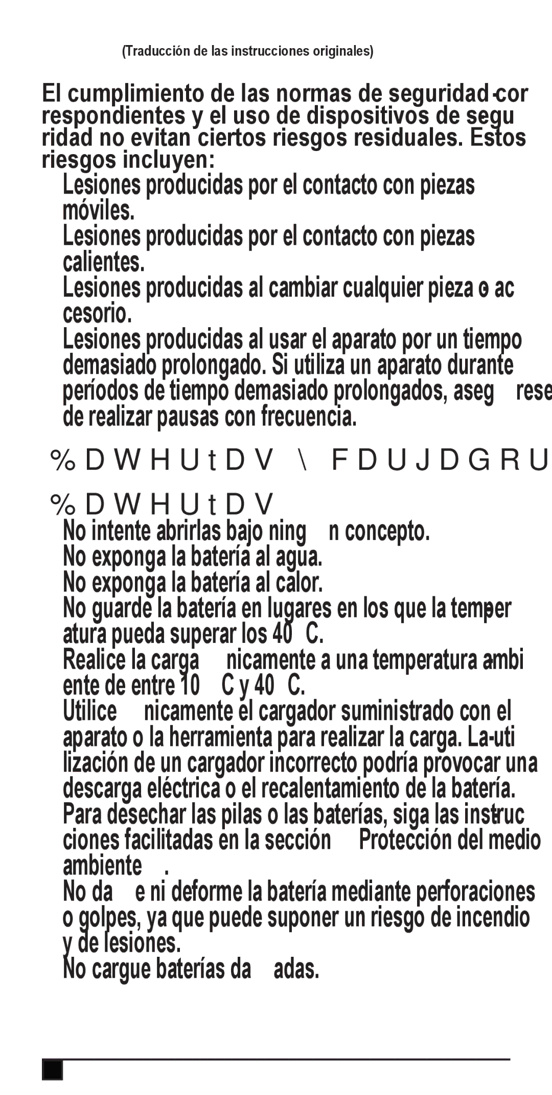 Black & Decker NV2420N, NW4820N, NV3610N Baterías y cargadores, No exponga la batería al calor, No cargue baterías dañadas 