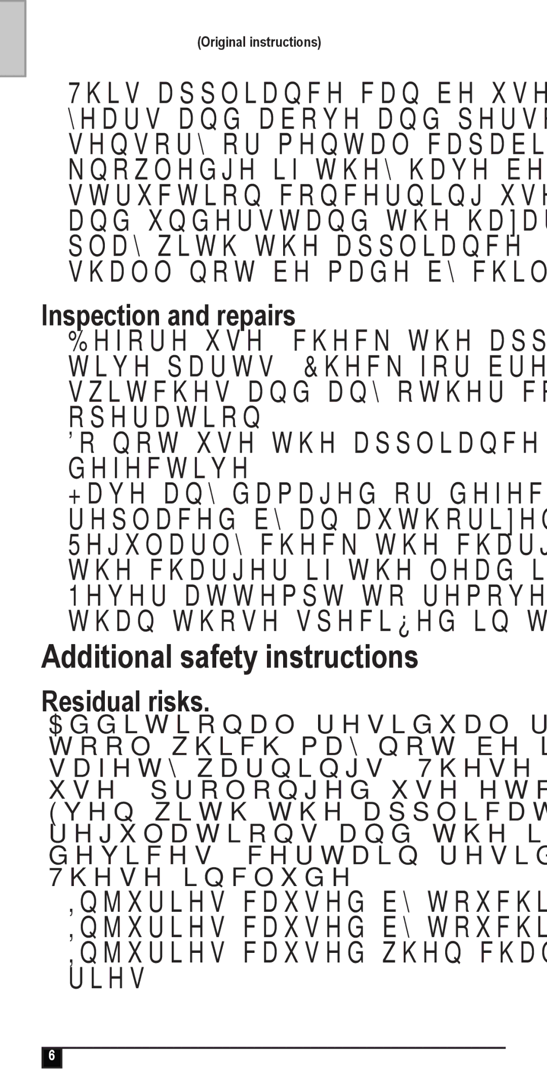 Black & Decker NV4820N, NW4820N, NV2420N, NV3610N Additional safety instructions, Inspection and repairs, Residual risks 