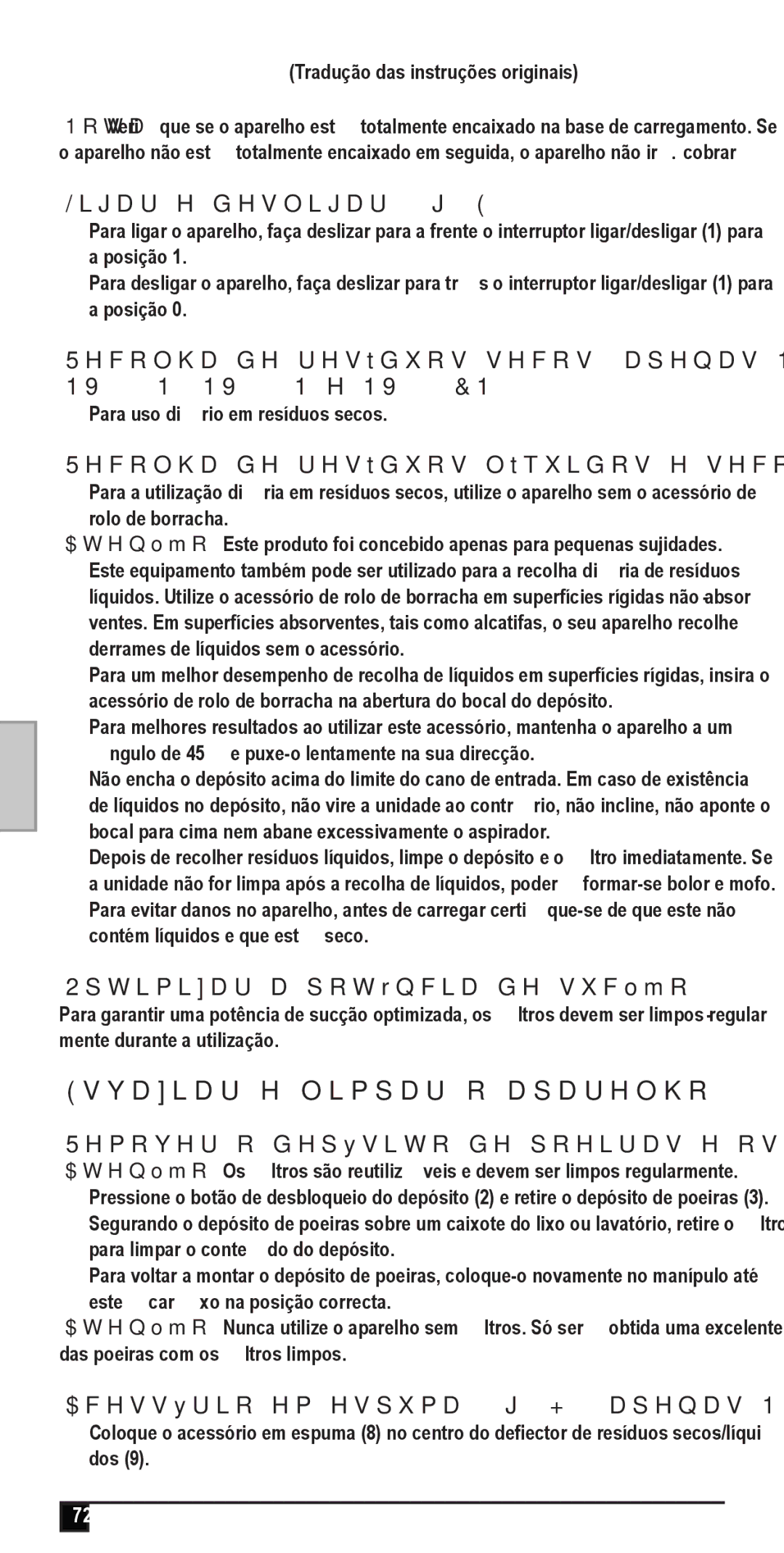 Black & Decker NV3610N, NW4820N manual Esvaziar e limpar o aparelho, Ligar e desligar fig. E, Optimizar a potência de sucção 