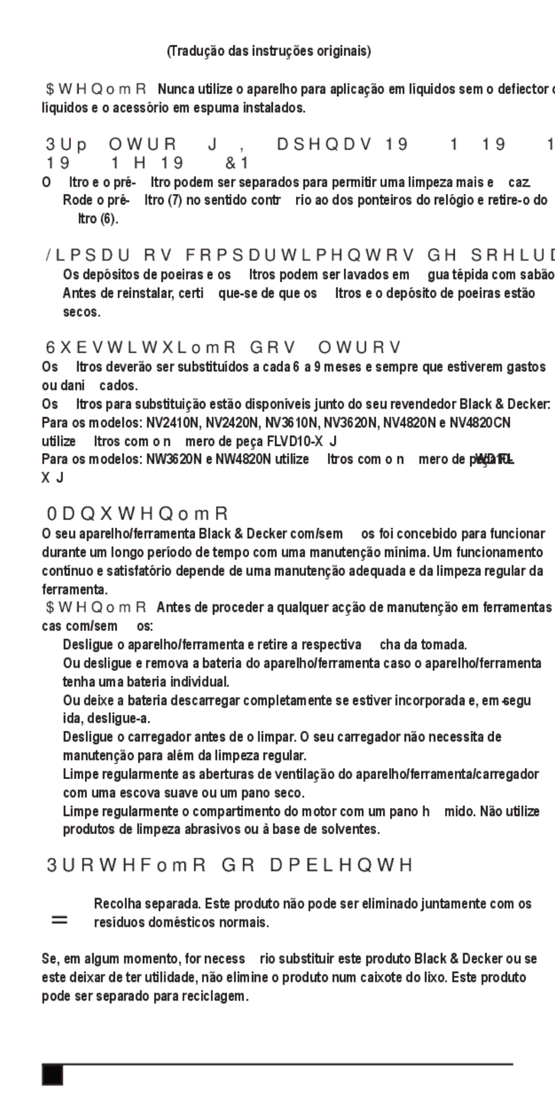 Black & Decker NV4820CN, NW4820N Manutenção, Limpar os compartimentos de poeiras e os filtros, Substituição dos filtros 