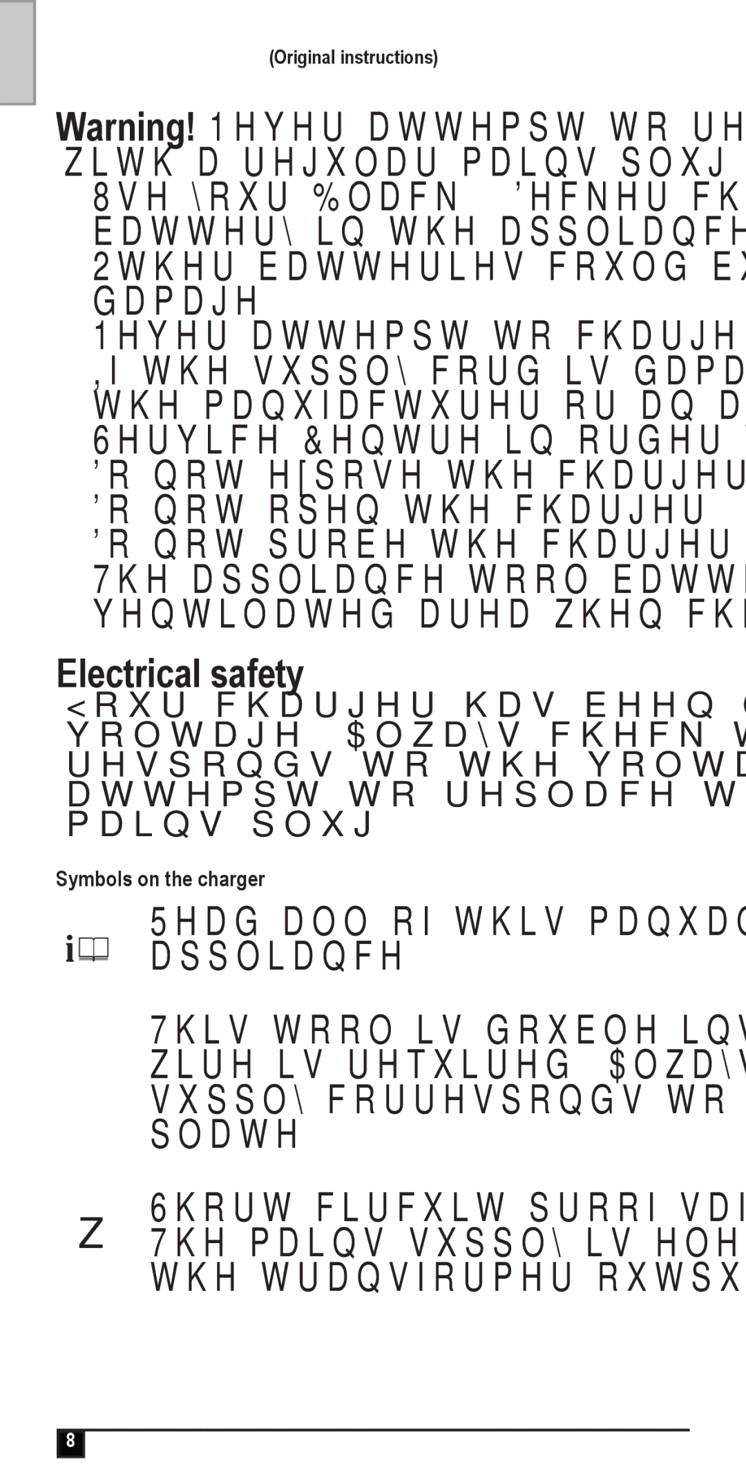 Black & Decker NV2420N, NW4820N, NV3610N, NV4820CN, NW3620N, NV3620N, NV4820N manual Electrical safety, Symbols on the charger 