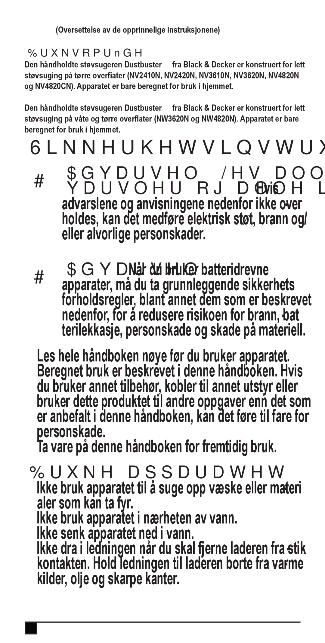 Black & Decker NV2420N, NW4820N, NV3610N, NV4820CN, NW3620N, NV3620N Sikkerhetsinstruksjoner, Bruke apparatet, Bruksområde 