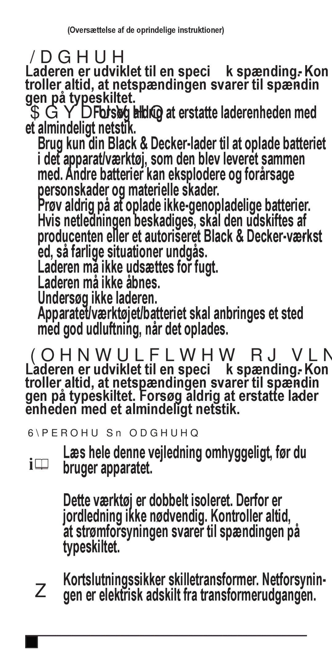 Black & Decker NV4820N, NW4820N, NV2420N, NV3610N, NV4820CN, NW3620N, NV3620N Undersøg ikke laderen, Elektricitet og sikkerhed 