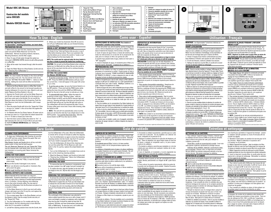 Black & Decker ODC150 Mounting Instructions, Preparation for USE, Brewing Coffee, SNEAK-A-CUPINTERRUPT Feature, Cordon 