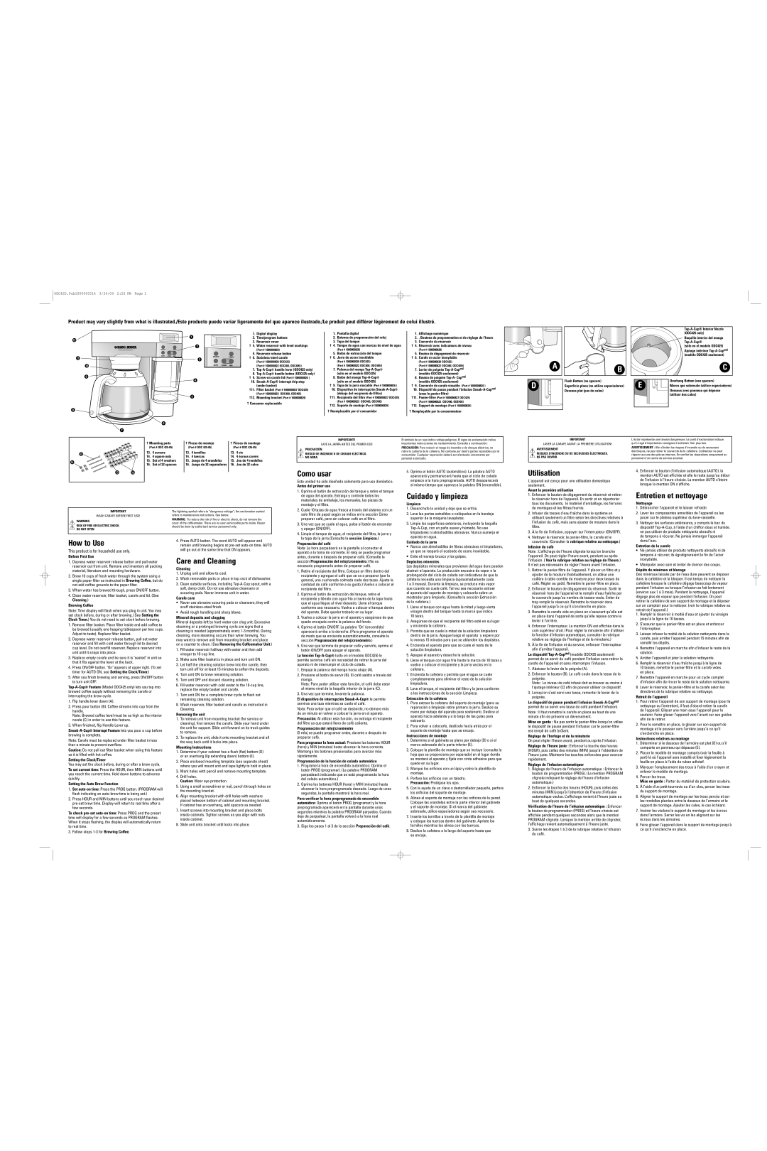 Black & Decker ODC425 user service Antes del primer uso, Limpieza, Avant la première utilisation, Nettoyage, Cleaning 