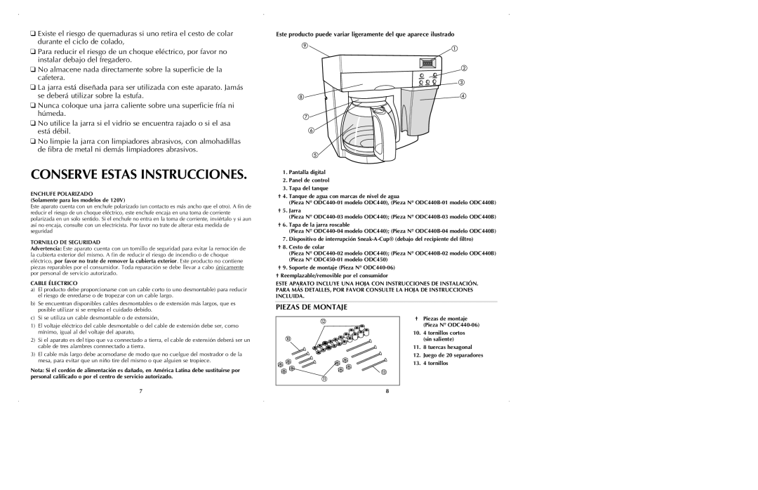 Black & Decker ODC440 manual Conserve Estas Instrucciones, Piezas DE Montaje, Cable Électrico 