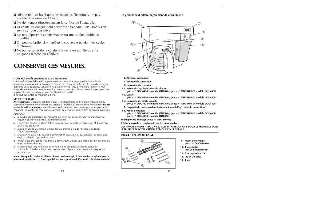 Black & Decker ODC440 Conserver CES Mesures, Pièces DE Montage, Le produit peut différer légèrement de celui illustré 