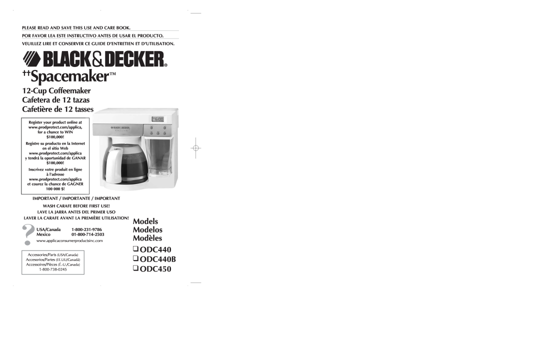 Black & Decker manual Models Modelos Modèles ODC440 ODC440B ODC450, ††Spacemaker, Lave La Jarra Antes Del Primer Uso 