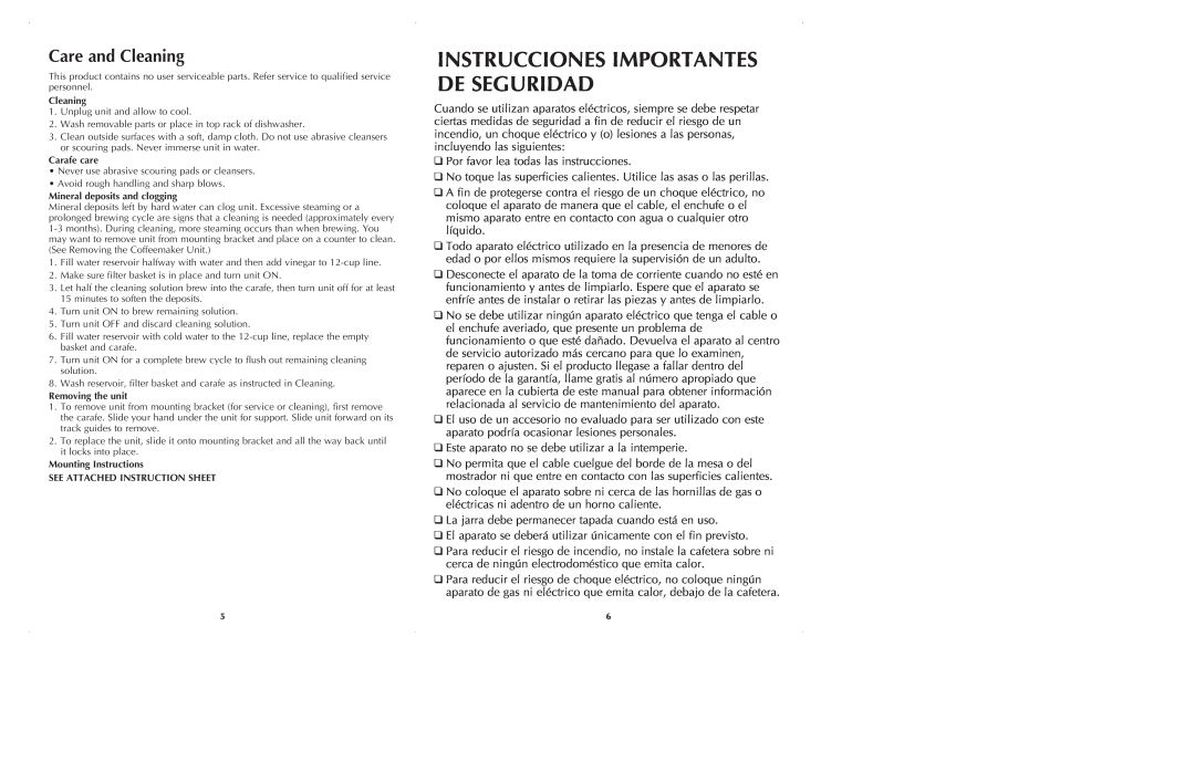 Black & Decker ODC440 manual Instrucciones Importantes De Seguridad, Care and Cleaning 