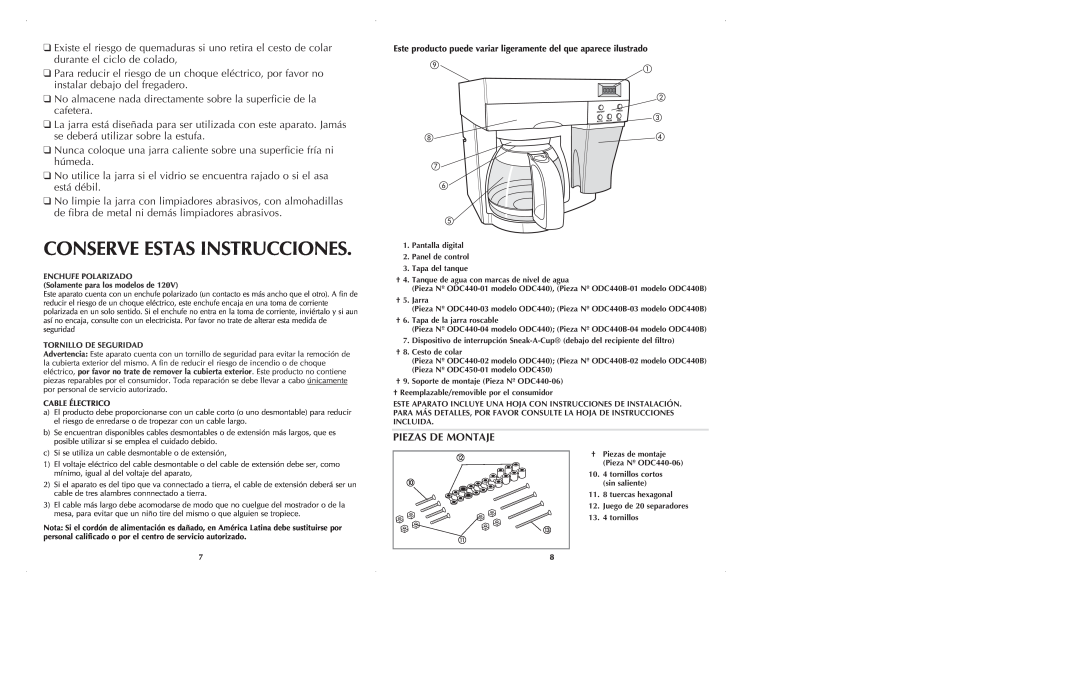 Black & Decker ODC440 manual Conserve Estas Instrucciones, Piezas De Montaje 