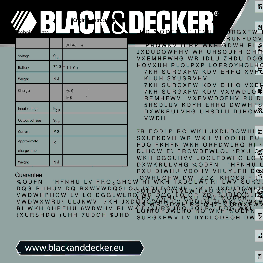 Black & Decker ORB48 manual Guarantee, Technical data 