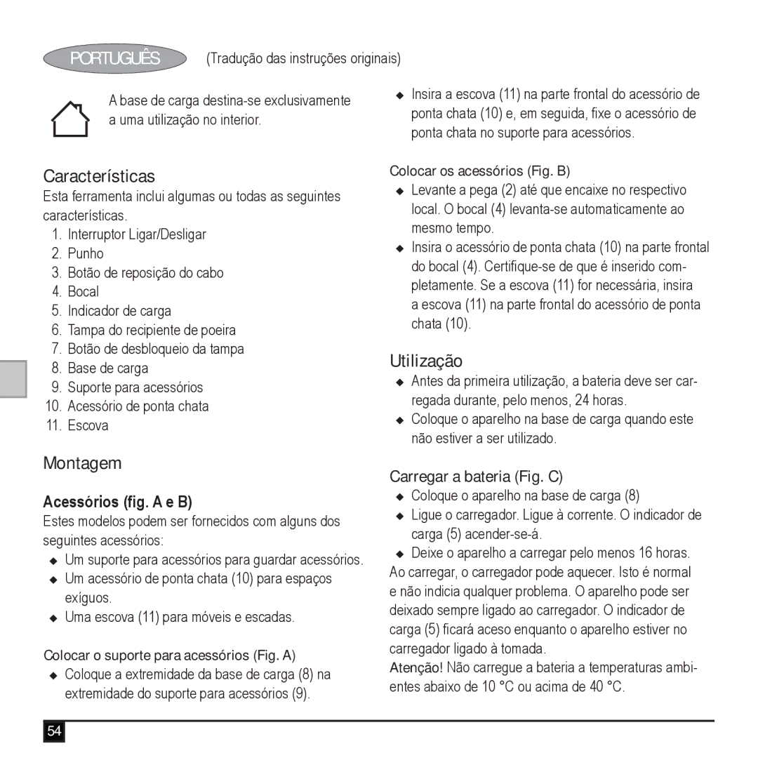 Black & Decker ORB48 manual Utilização, Montagem, Acessórios fig. a e B, Carregar a bateria Fig. C 